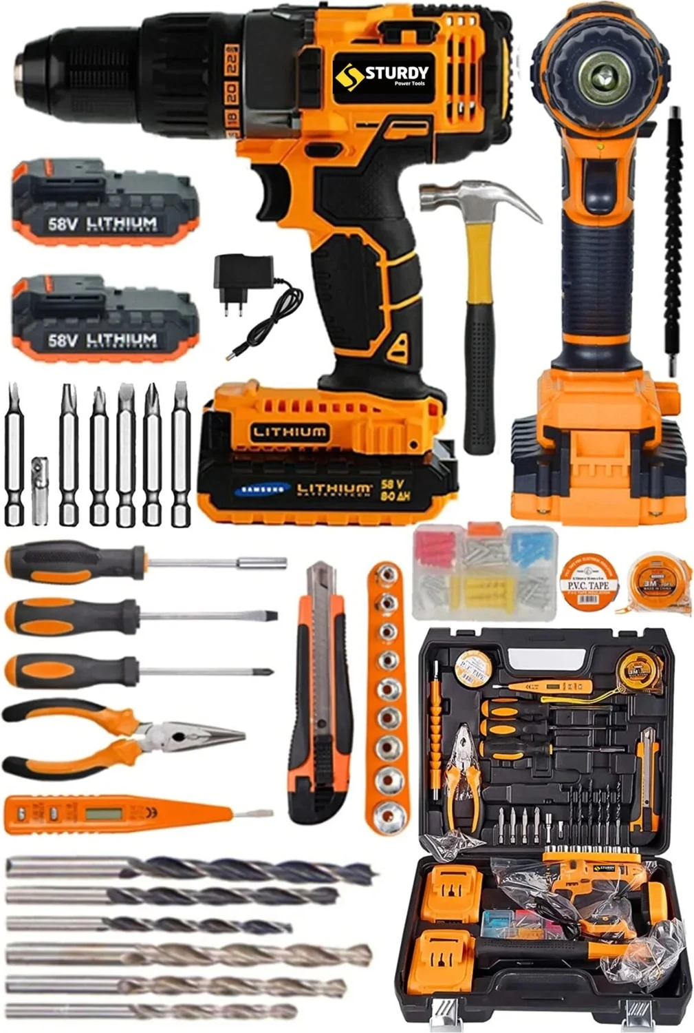 58 V 8 Ah Darbeli Lion Çift Akülü Metal Şanzıman Turbo Şarjlı Matkap 100 Pcs