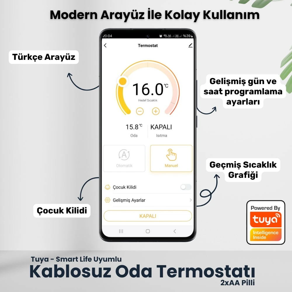 Wifi Kablosuz Akıllı Oda Termostatı T9W ( Tuya - Smart Life Uyumlu)