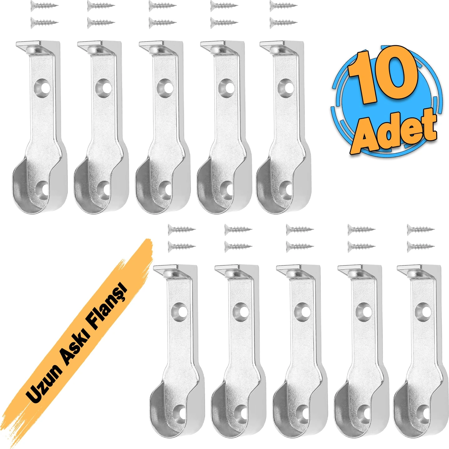 ( 5 Çift ) Uzun Askı Flanşı Dolap Boru Sabitleme Kıyafet Elbise Askı Flanş Aparatı Krom 70 mm