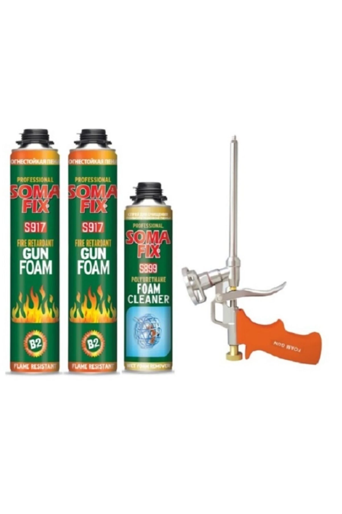 2 Adet Tabancalı Yangına Dayanıklı Pu Köpük B2 + Köpük Tabancası + Temizleyicisi Seti
