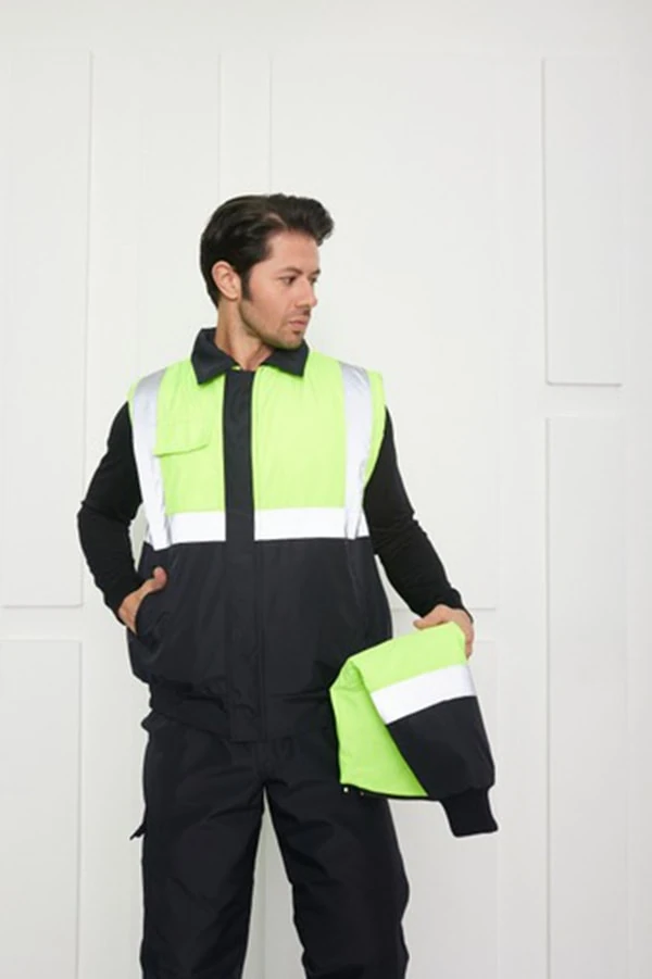 Kolu Çıkabilen Pilot Iş Montu Sarı Lacivert Su Itici Bondit Kumaş