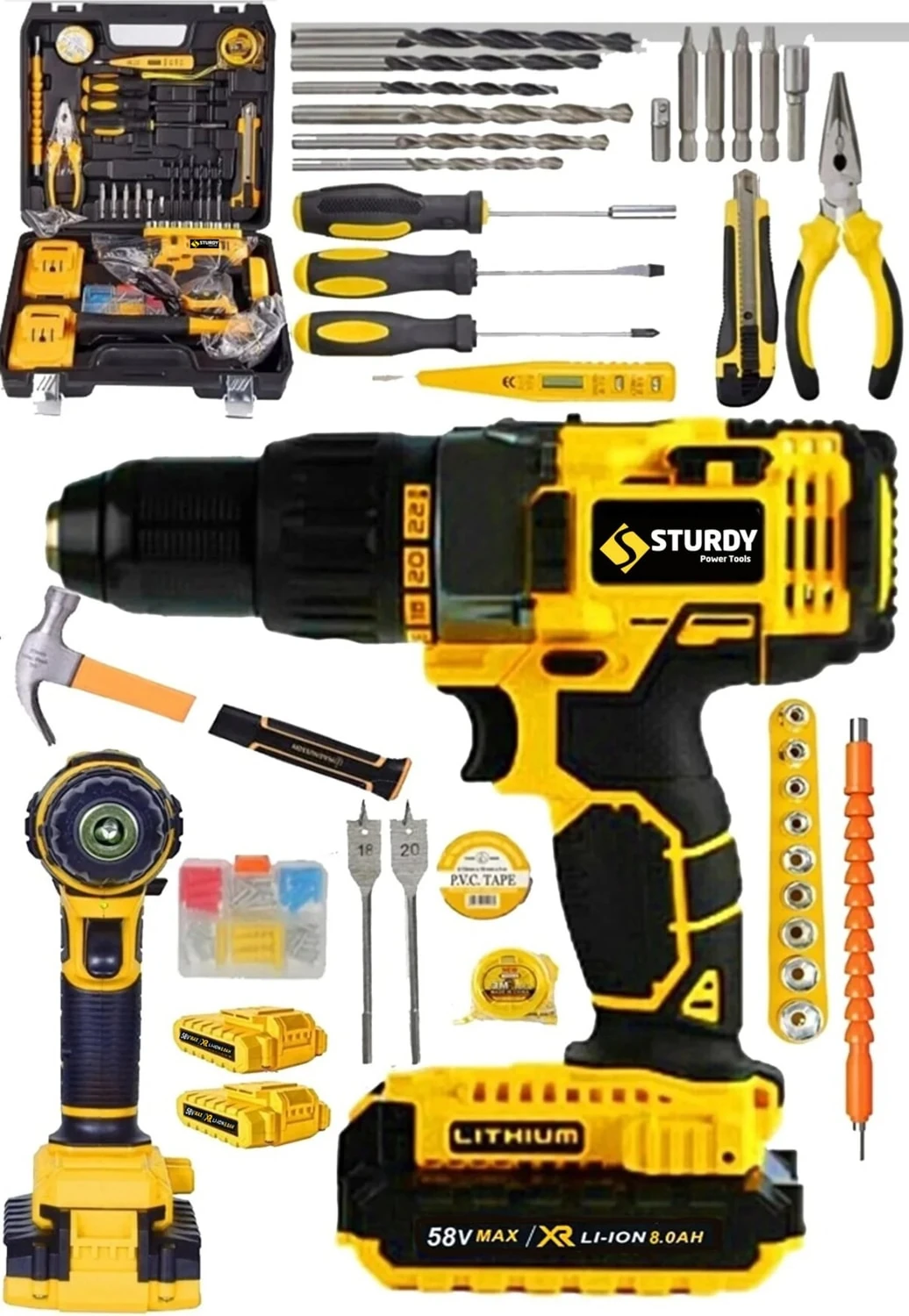 Tuf Seri Darbeli 58 V 8 Amp Yeni Nesil Lion Akülü Vidalama Matkap 100 Pcs Combo Set Otomatik