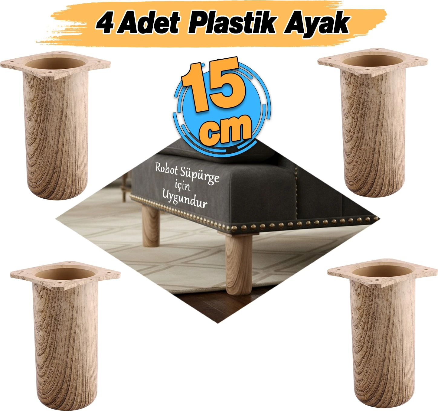 (4 Adet) Plastik Liva Doğal Meşe 15 cm Ayak Mobilya Kanepe Koltuk Baza Yükseltme Ayağı Ayakları