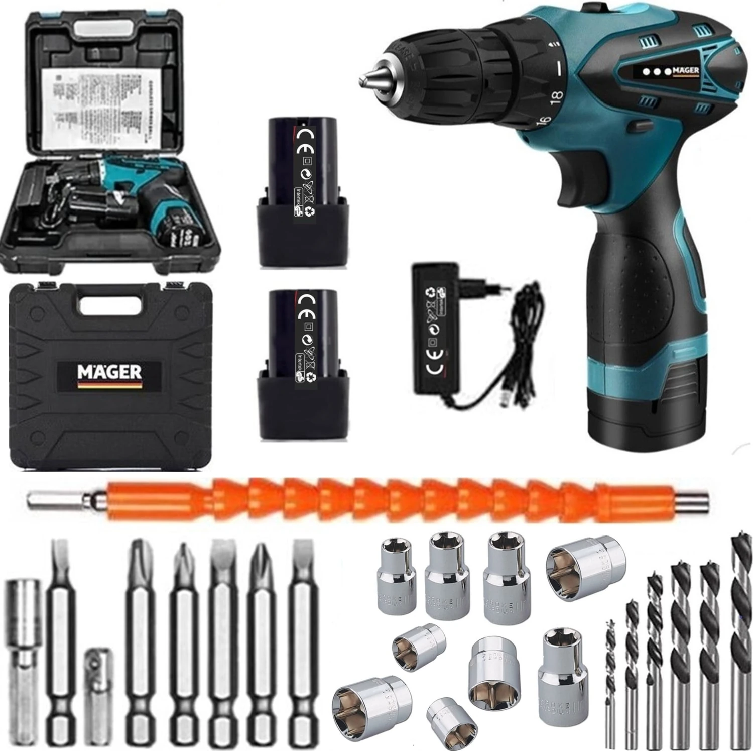 Işıklı Vidalama Şarjlı Matkap 20 V + Çift Akülü Li-On Batarya 3 Ah + Çanta 27 Parça Set Hediyeli