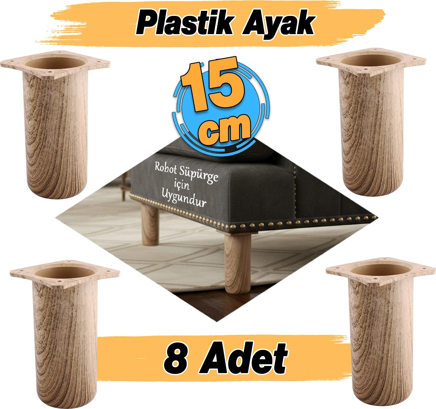 (8 Adet) Plastik Liva Doğal Meşe 15 cm Ayak Mobilya Kanepe Koltuk Baza Yükseltme Ayağı Ayakları
