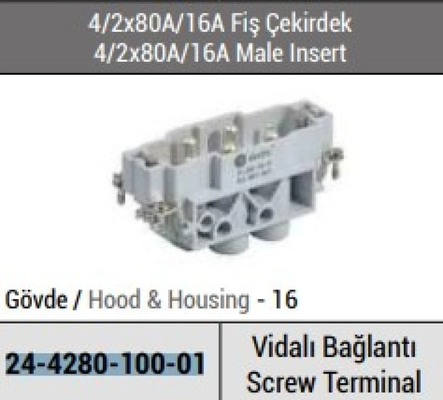 Electric 24 4280 100 01 4/2X80A/16A / Fiş Çekirdek Vidalı Bağlantı VID54 Vidalı