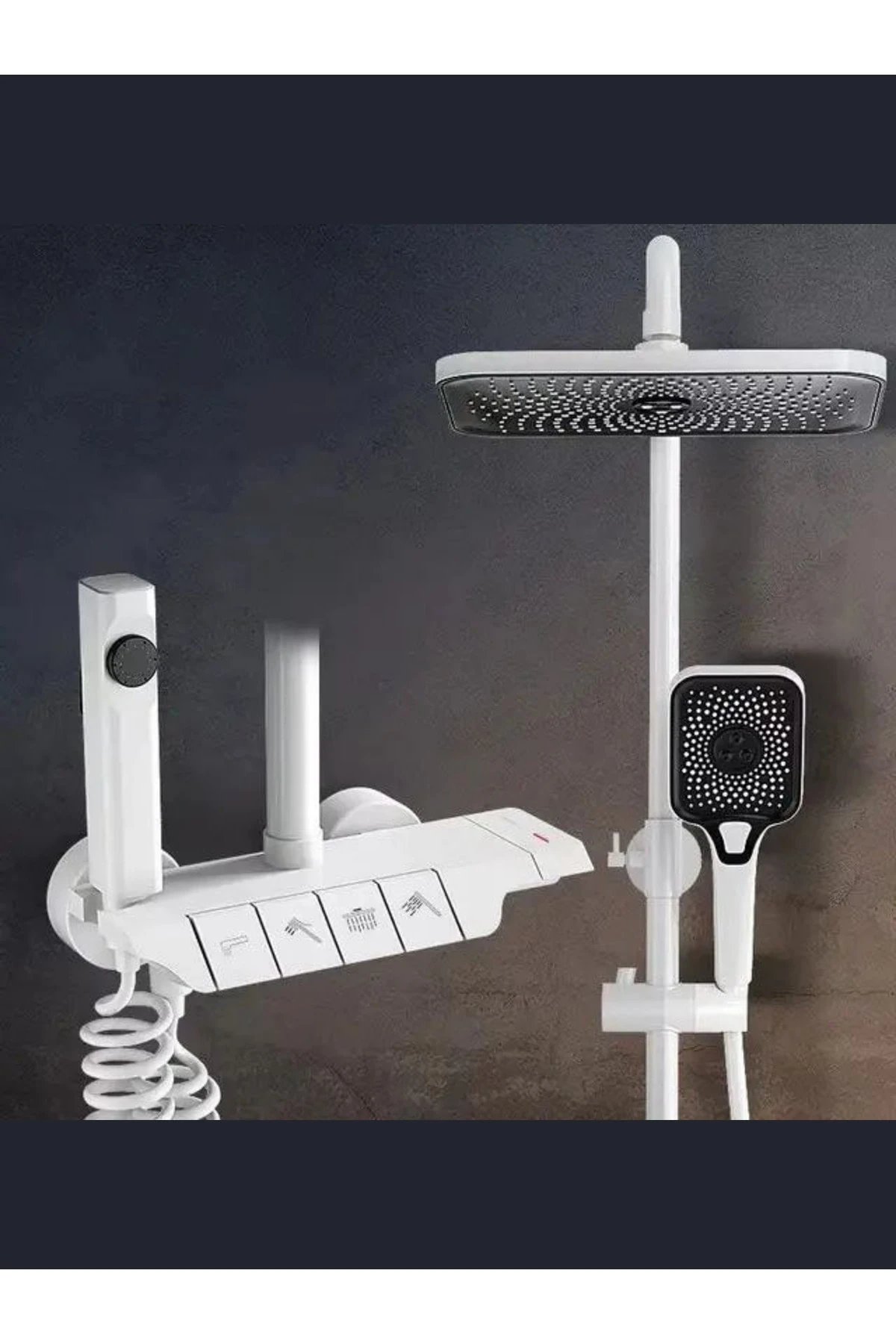 Lüks Piyano Duş Seti | Beyaz Modern Tasarım, Spiral El Duşu + Tepe Duş + Jet Fonksiyonlu Tuş Panel