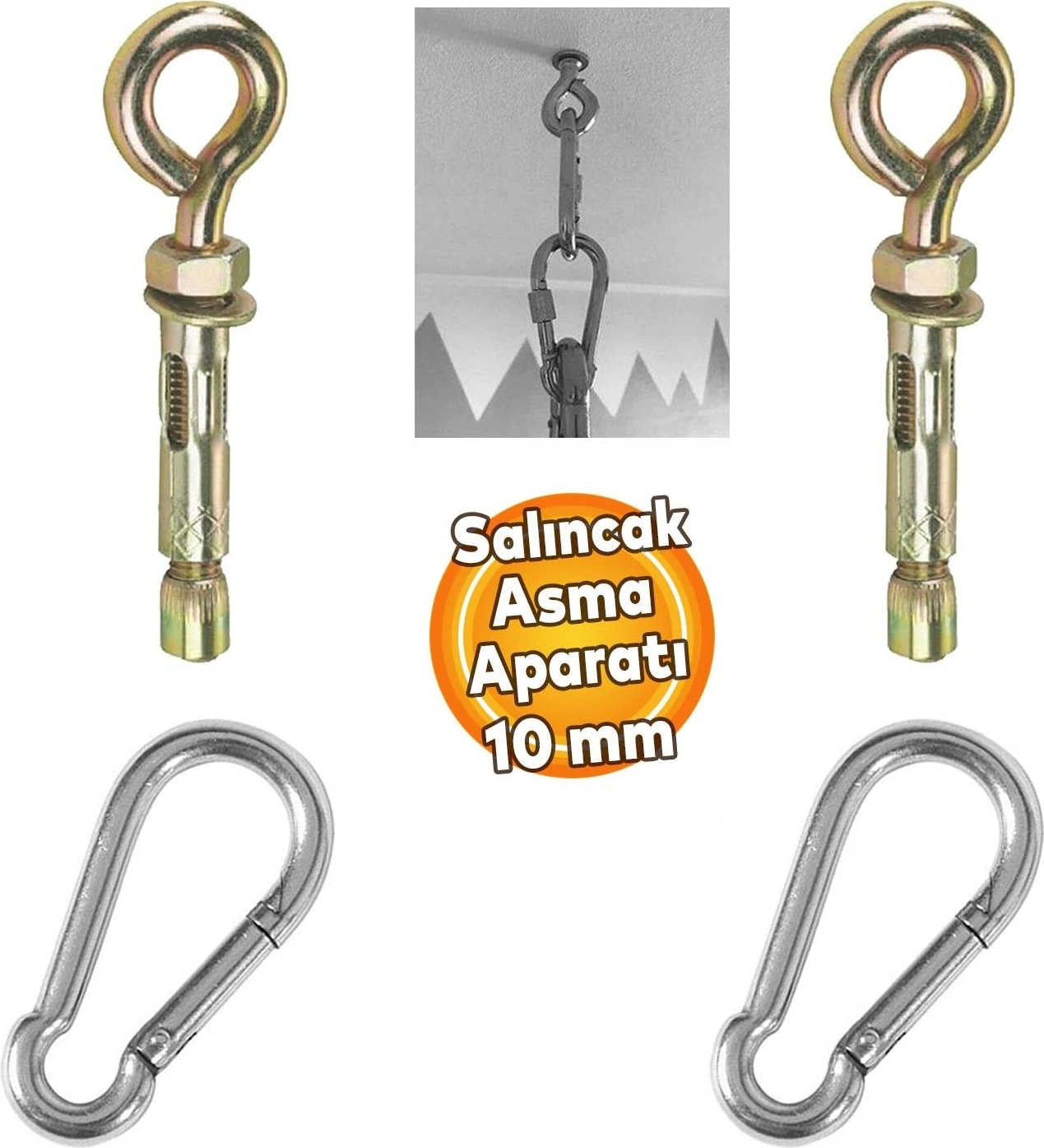 2'li Salıncak Hamak Box Torbası Tavan Asma Aparatı Salıncağı Çelik Dübel + Karabina Kanca Takımı