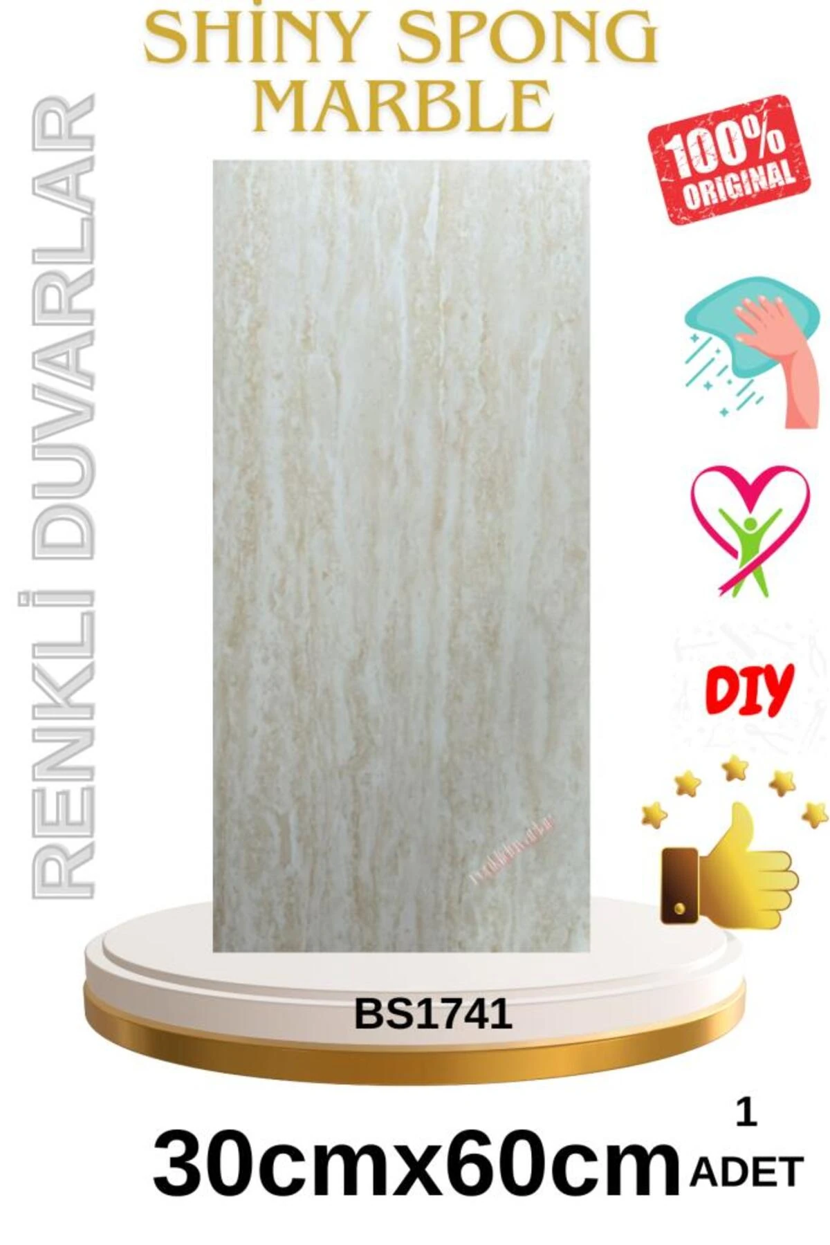 Shiny Hasır Mermer Desenli 60x30cm Yapışkanlı Mutfak Banyo Kaplama Duvar Paneli Kağıdı BS1741