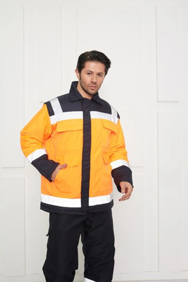 Reflektörlü Fonksiyonel Cepli Bondit Iş Kabanı Turuncu Lacivert