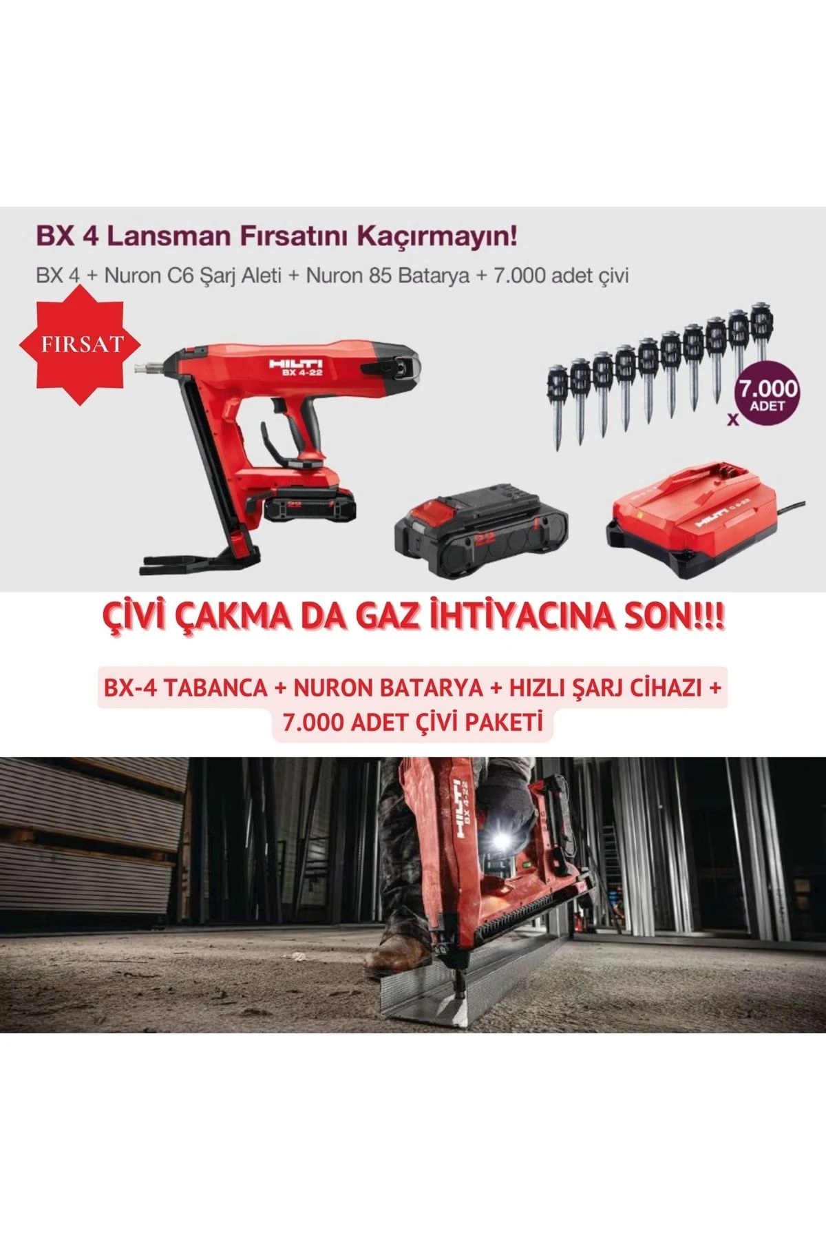 BX 4-22 AKÜLÜ ÇİVİ ÇAKMA TABANCA SETİ (7.000 ad çivi dahil)