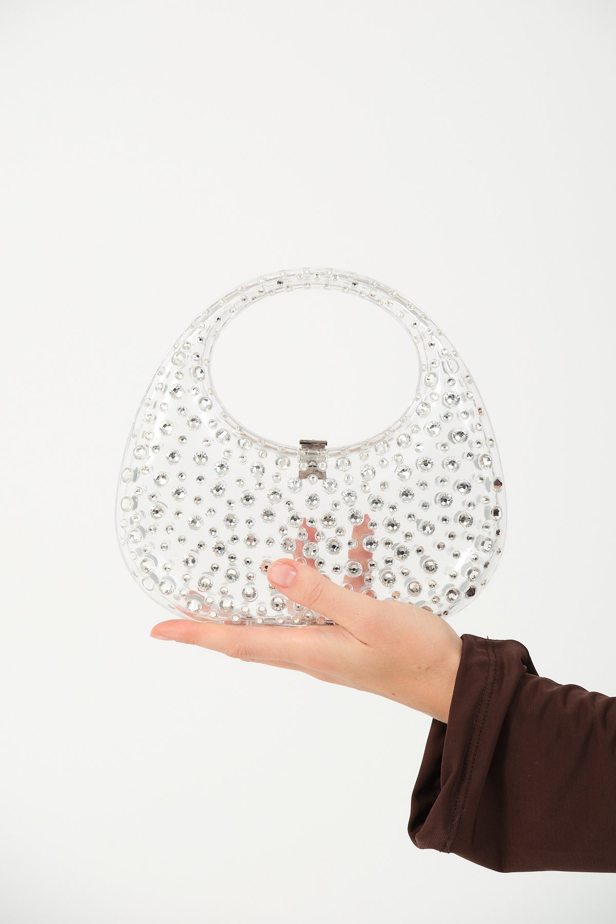 Veronicha Kristal İşlemeli Reçine Çanta / Veronicha Crystal Embroidered Resin Clutch - Transparan Kristal Silver Taş