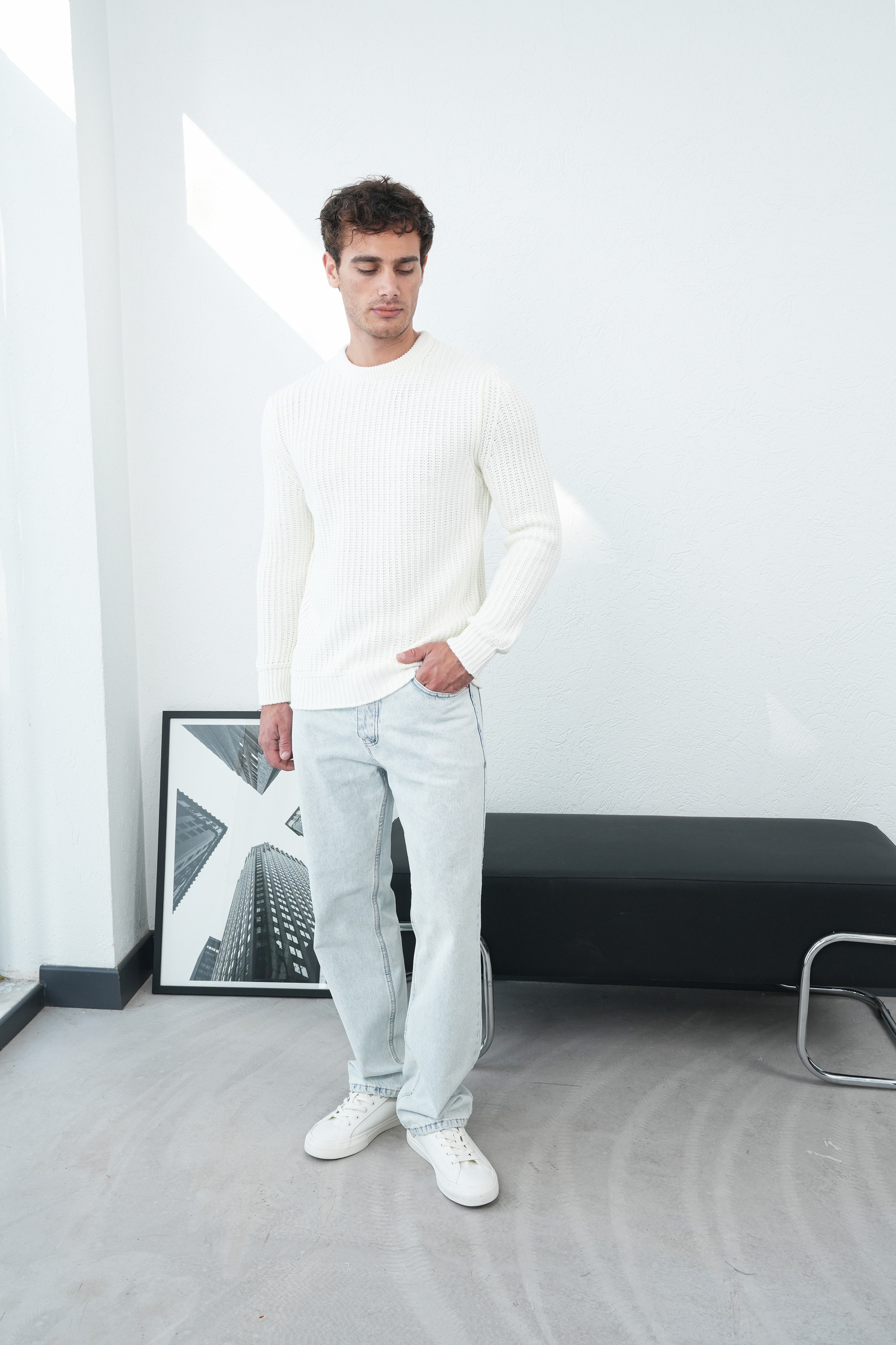 Fitilli Bisiklet Yaka Triko Kazak FW254006 - Beyaz