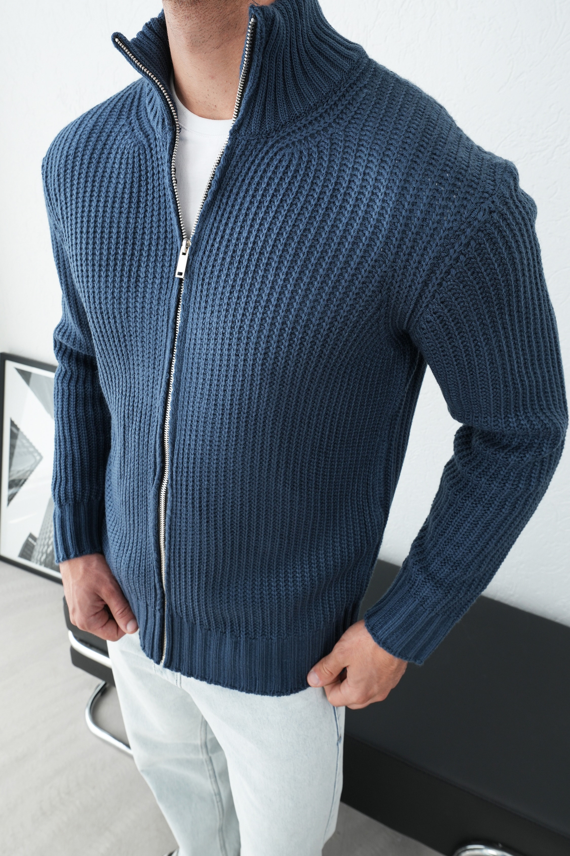 Kalın Dokulu Fitilli Hırka FW259002 - İndigo