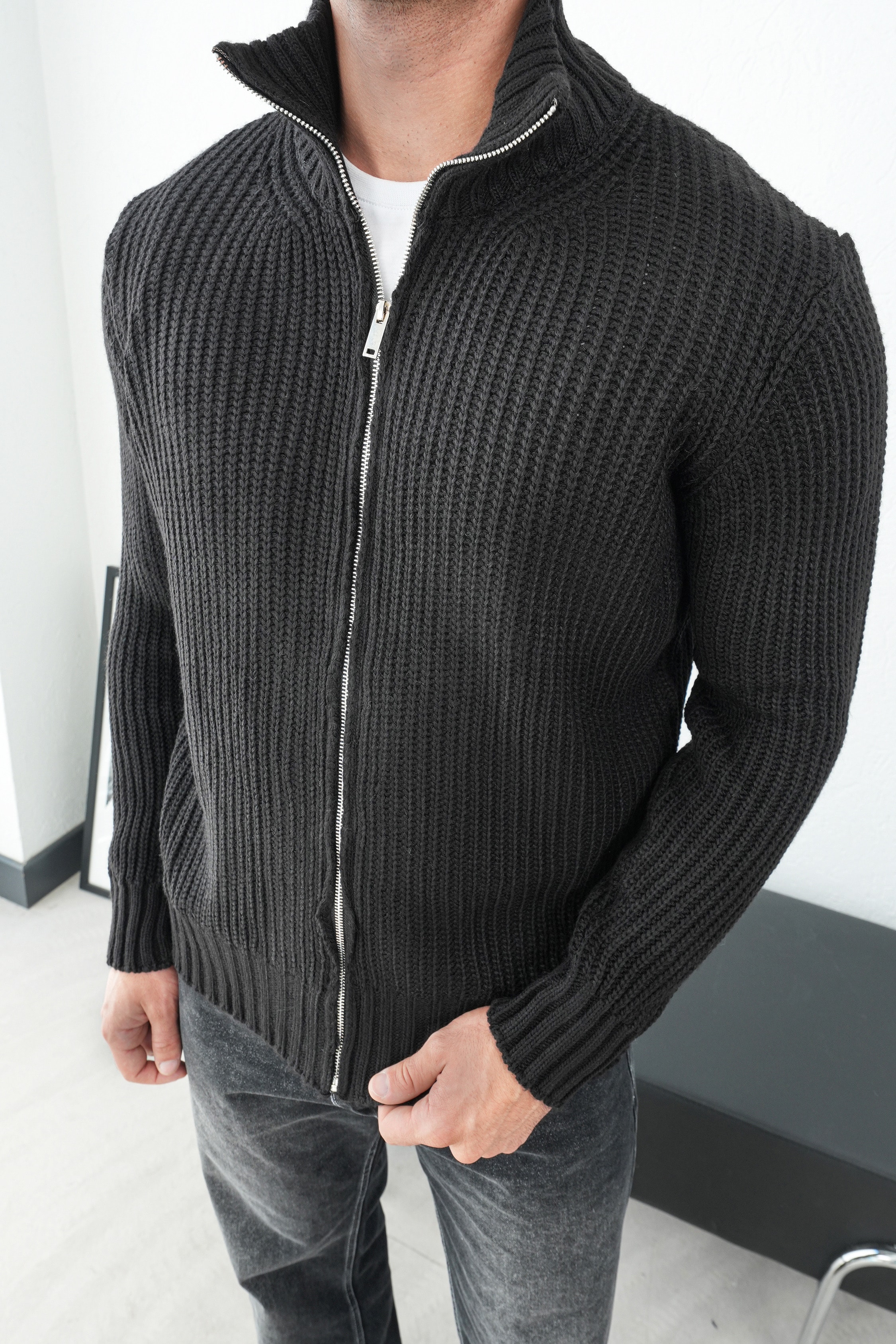 Kalın Dokulu Fitilli Hırka FW259002 - Siyah
