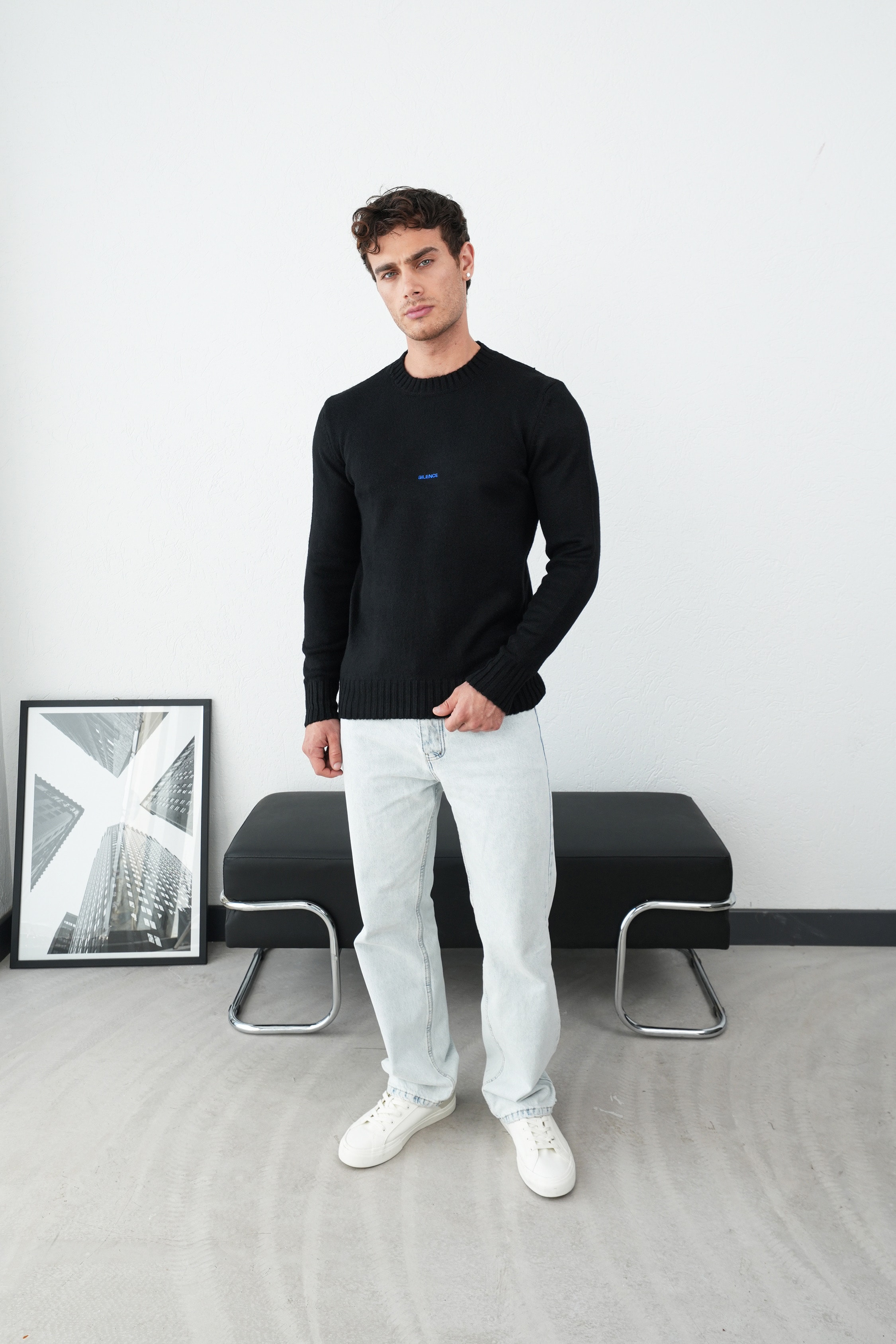 Basic Ribanalı Triko Kazak FW254007 - Siyah