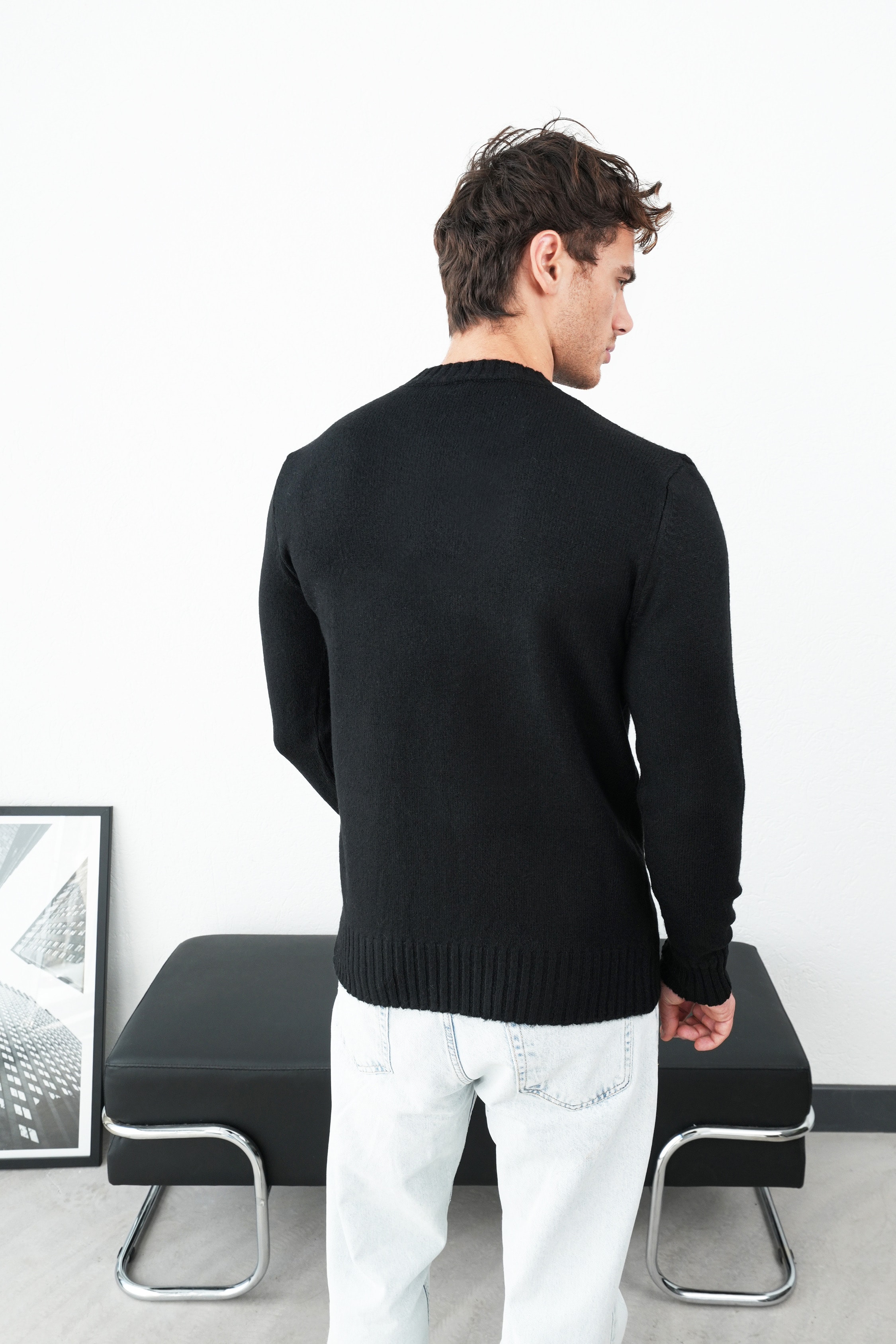 Basic Ribanalı Triko Kazak FW254007 - Siyah