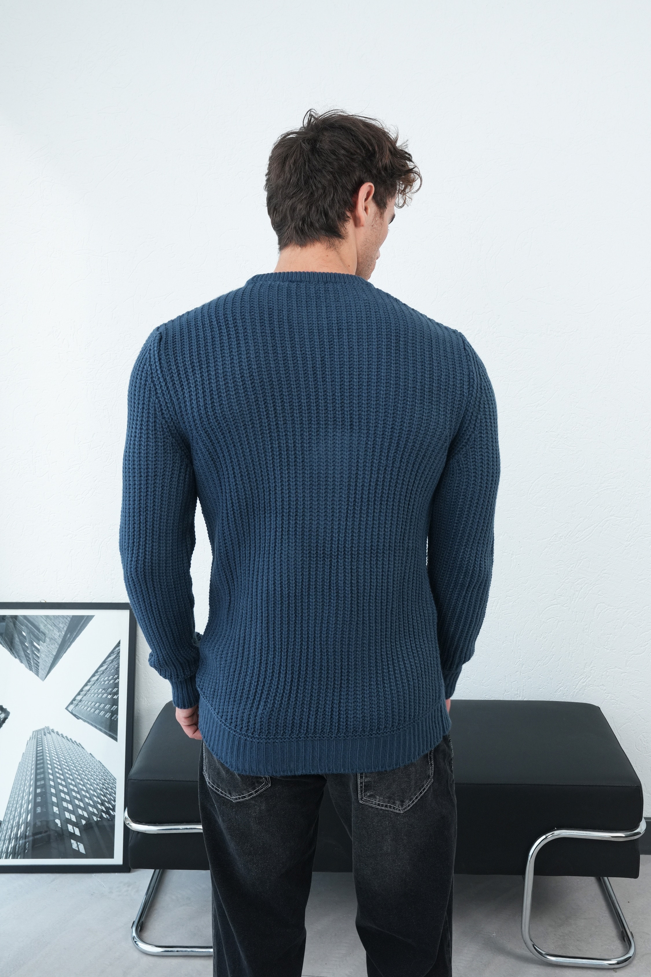 Fitilli Bisiklet Yaka Triko Kazak FW254006 - İndigo