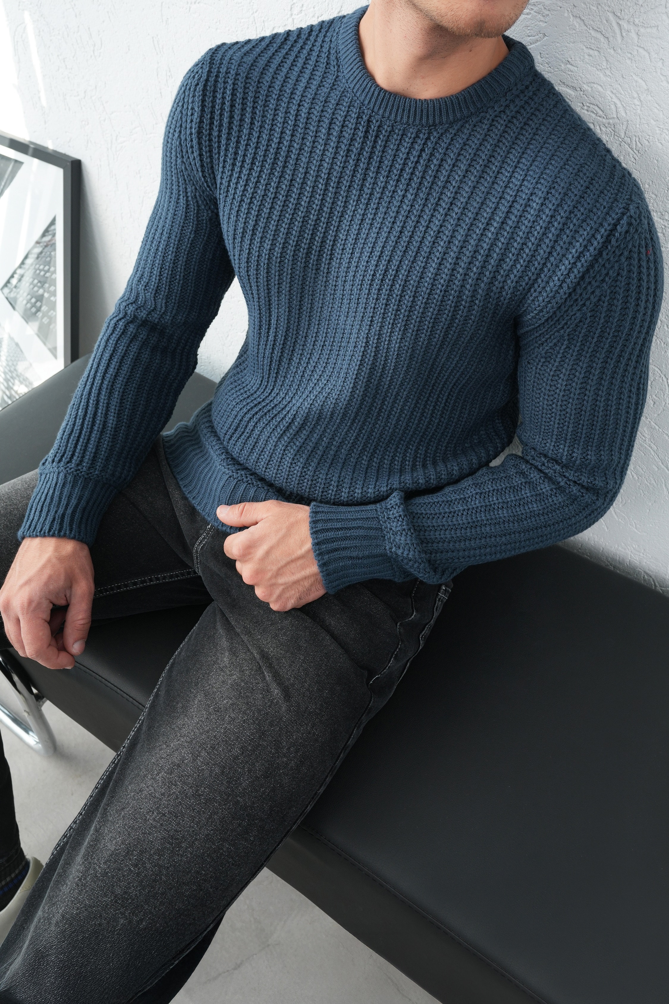 Fitilli Bisiklet Yaka Triko Kazak FW254006 - İndigo