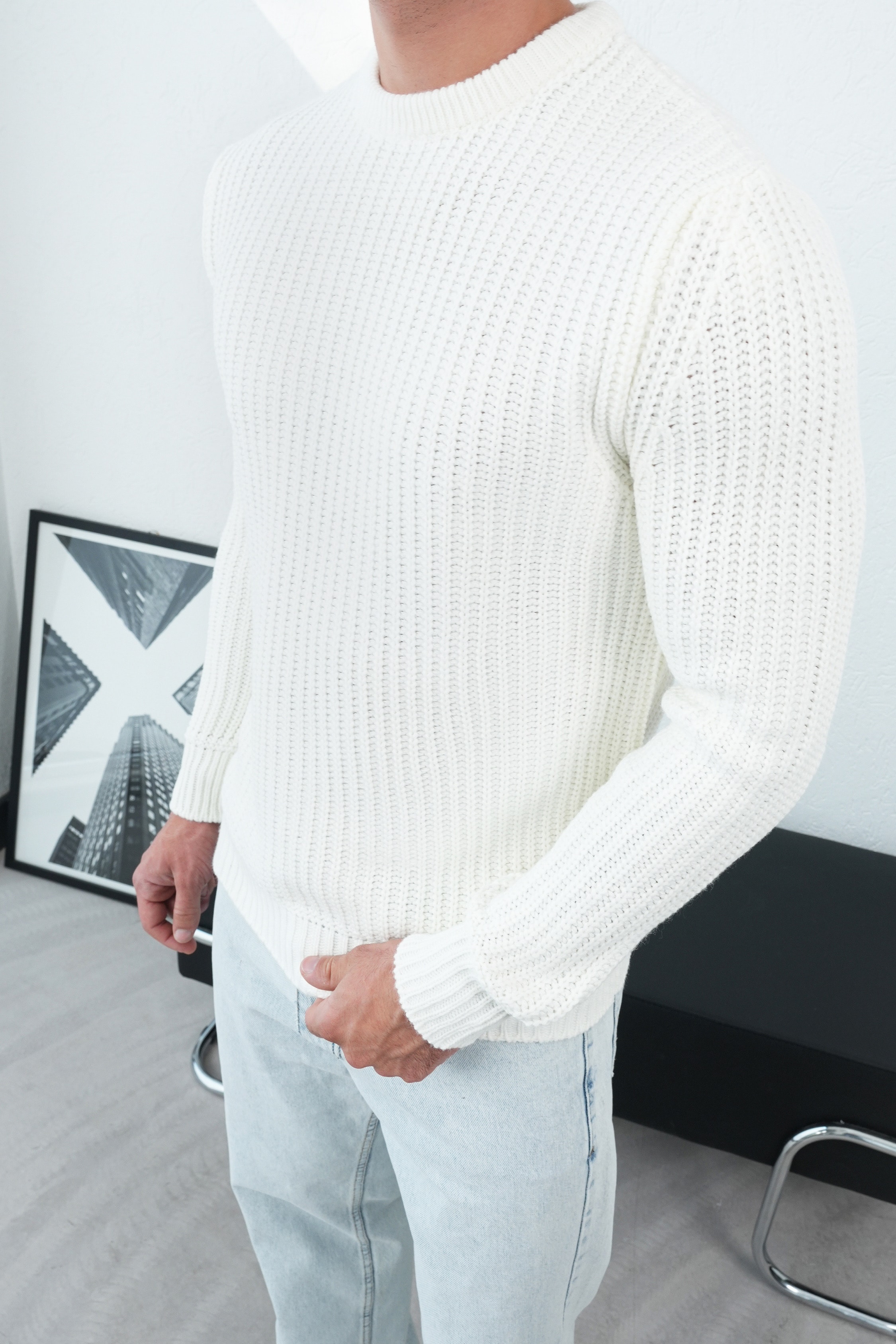Fitilli Bisiklet Yaka Triko Kazak FW254006 - Beyaz