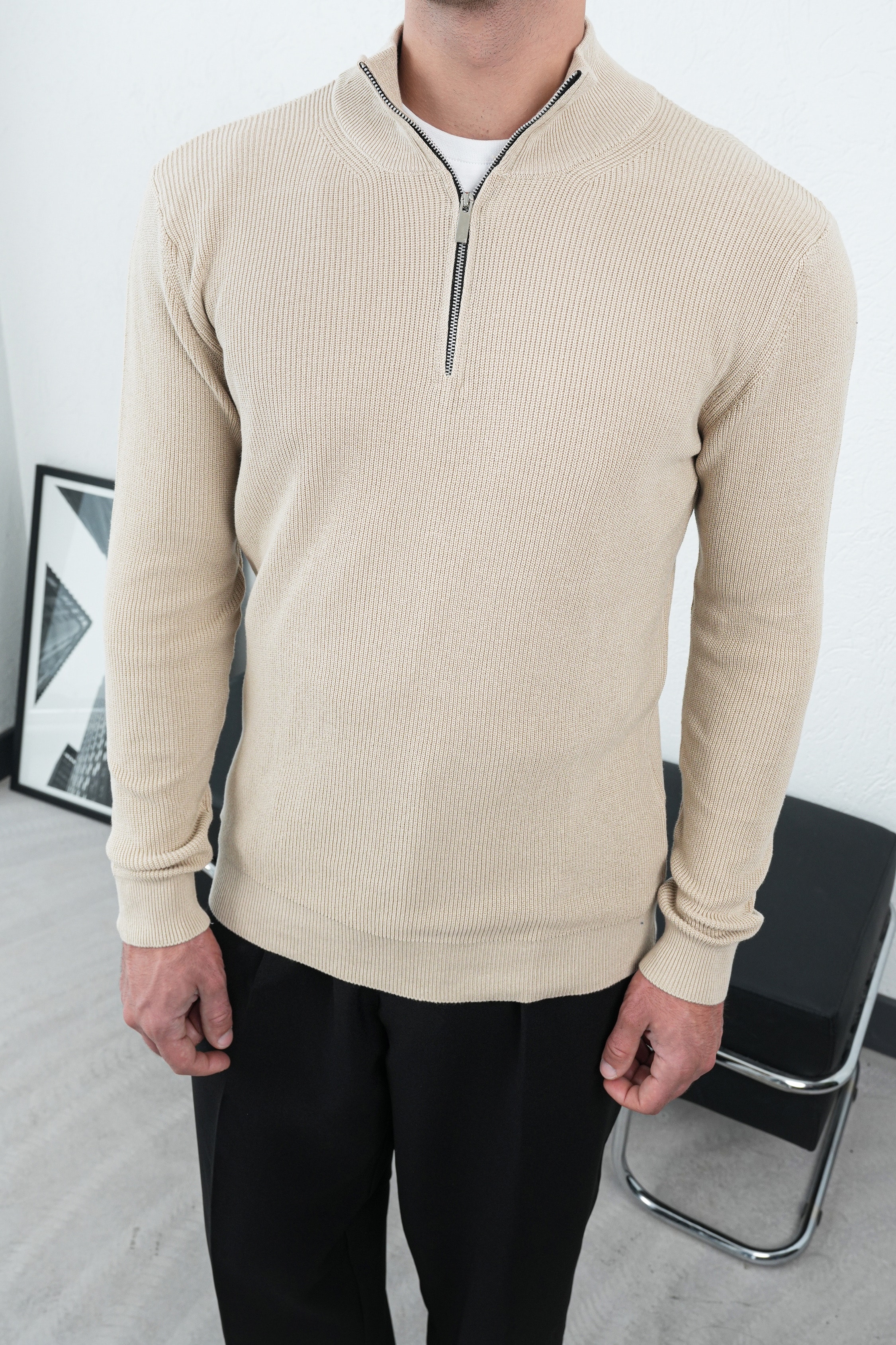 Yarım Fermuarlı Triko Kazak FW254002 - BEJ
