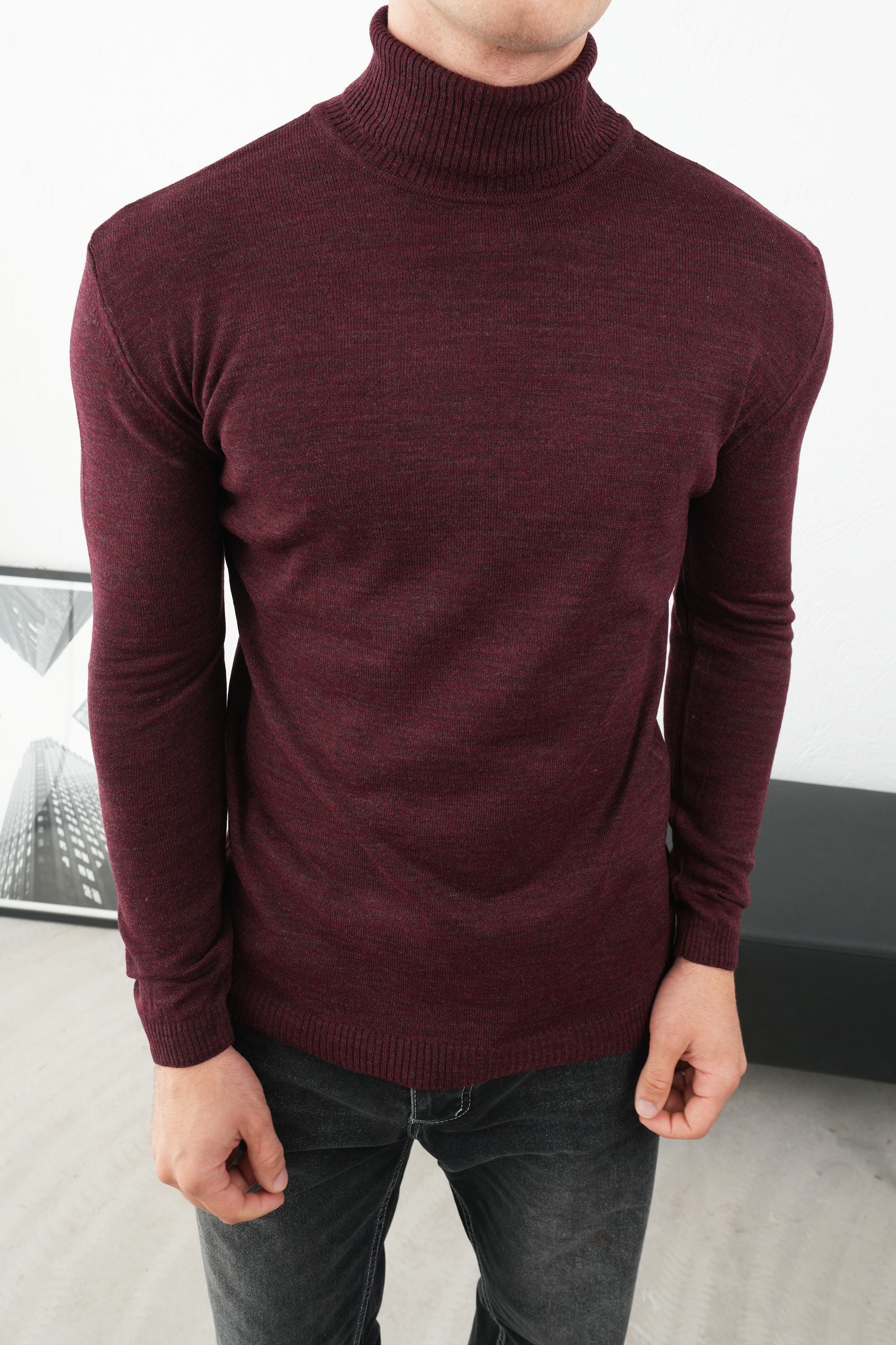 Boğazlı İnce Triko Kazak FW254004 - Bordo