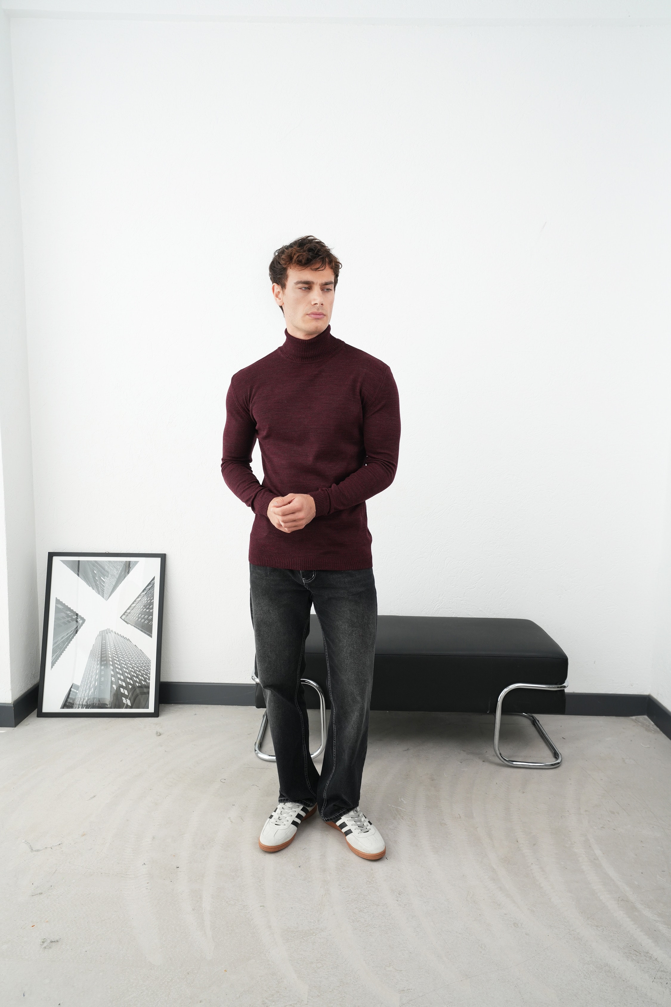 Boğazlı İnce Triko Kazak FW254004 - Bordo