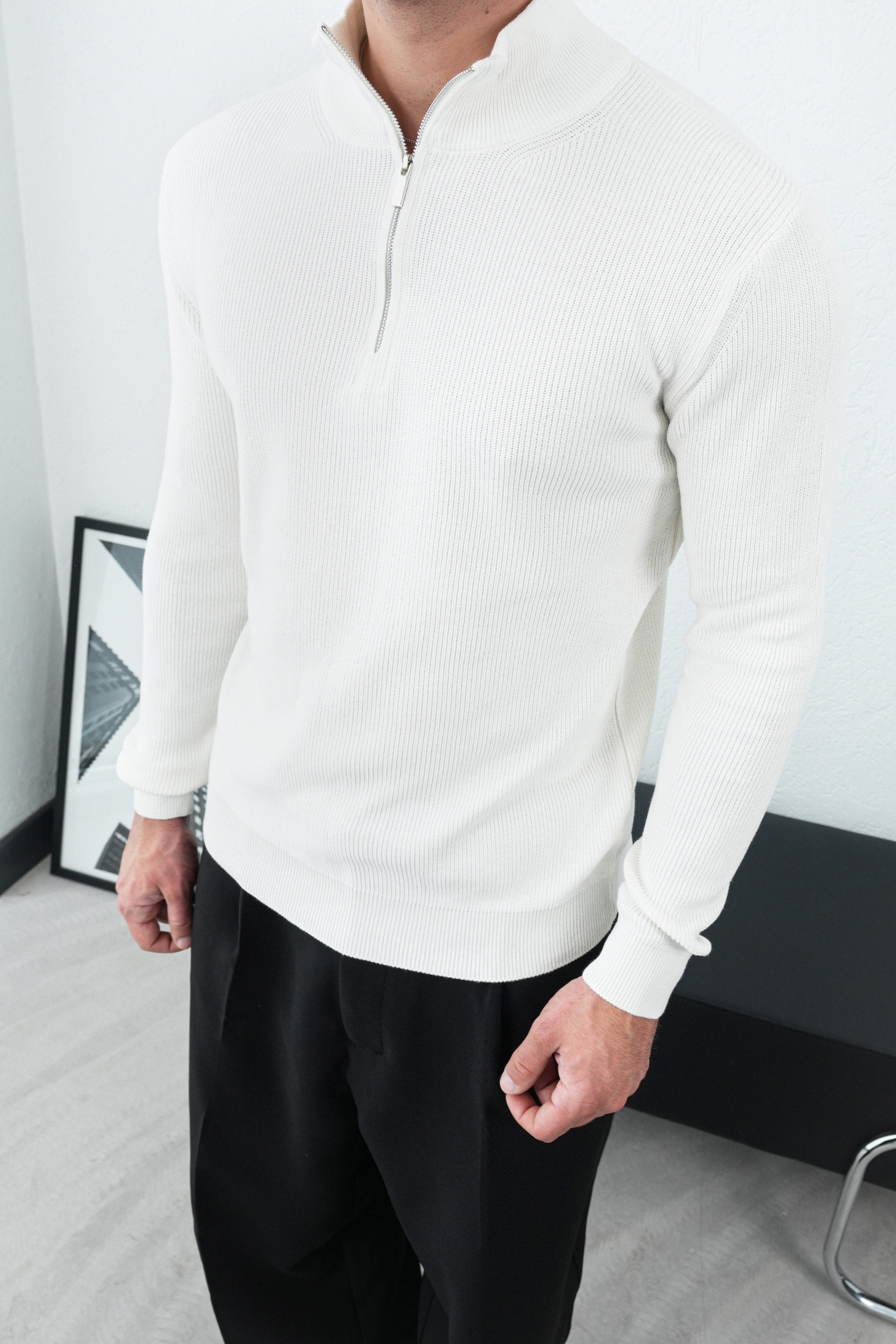 Yarım Fermuarlı Triko Kazak FW254002 - Ekru