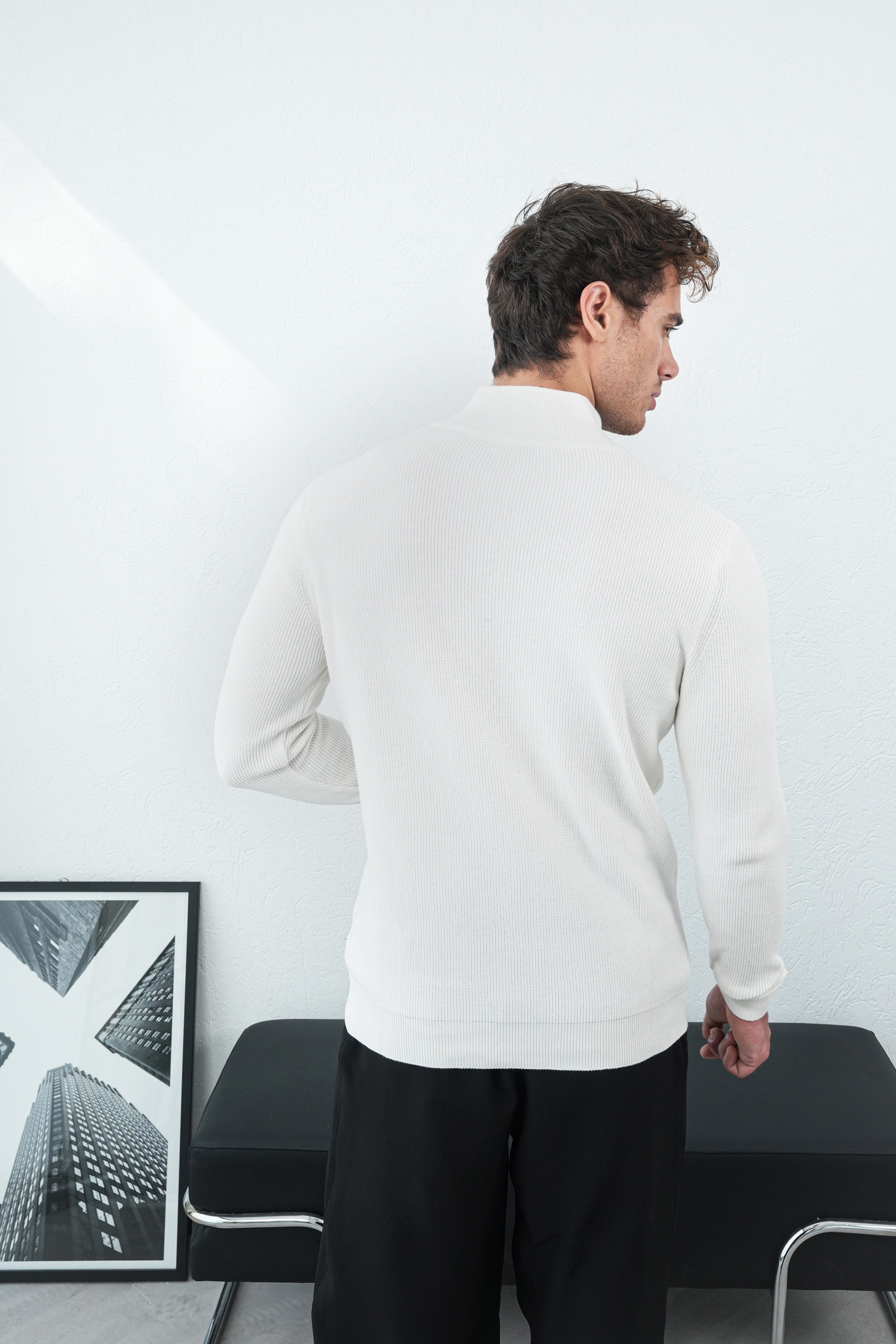 Yarım Fermuarlı Triko Kazak FW254002 - Ekru