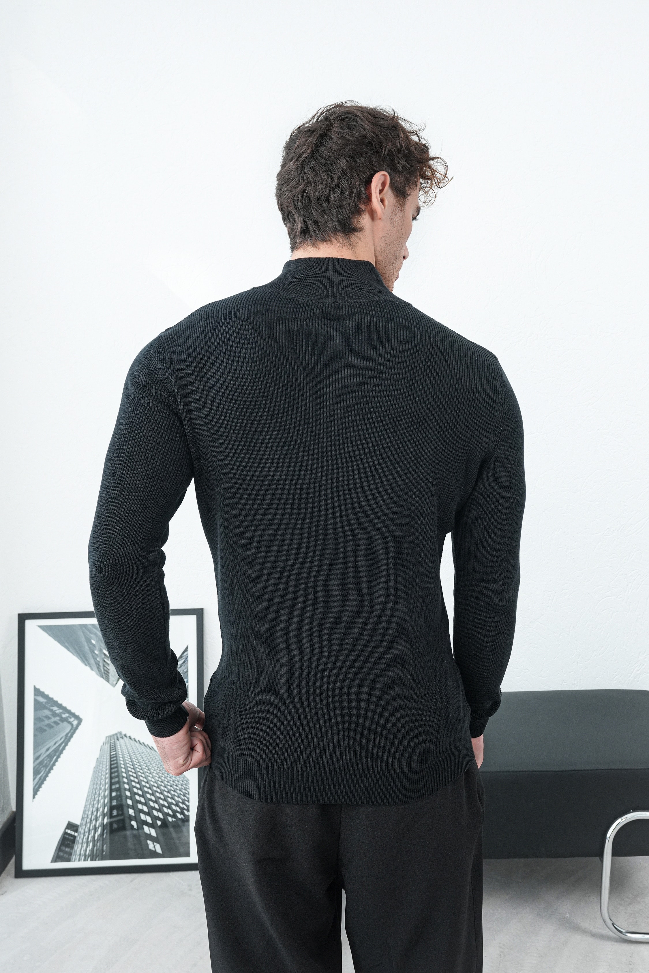 Yarım Fermuarlı Triko Kazak FW254002 - Siyah