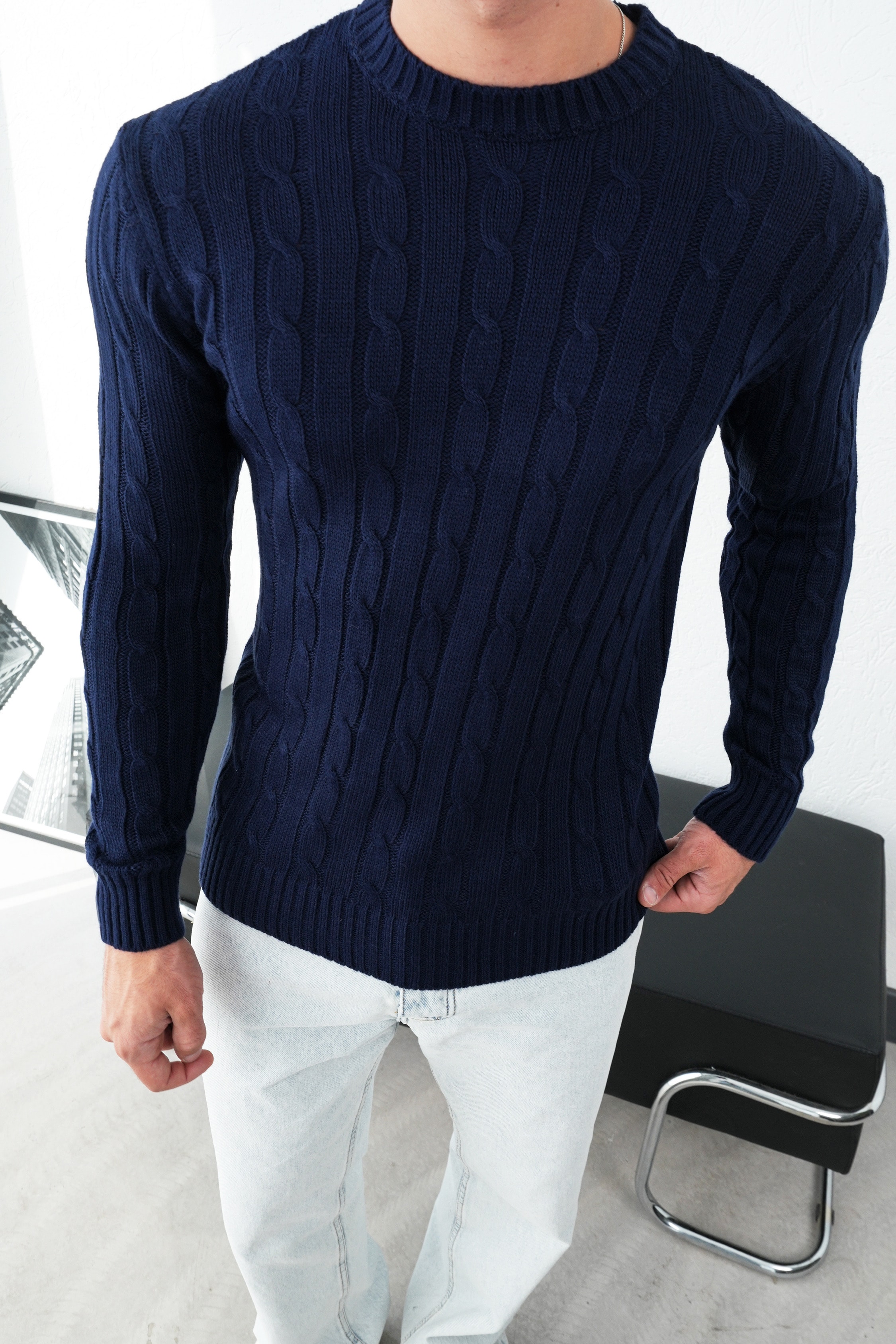 Örgü Desenli Triko Kazak FW254001 - Lacivert