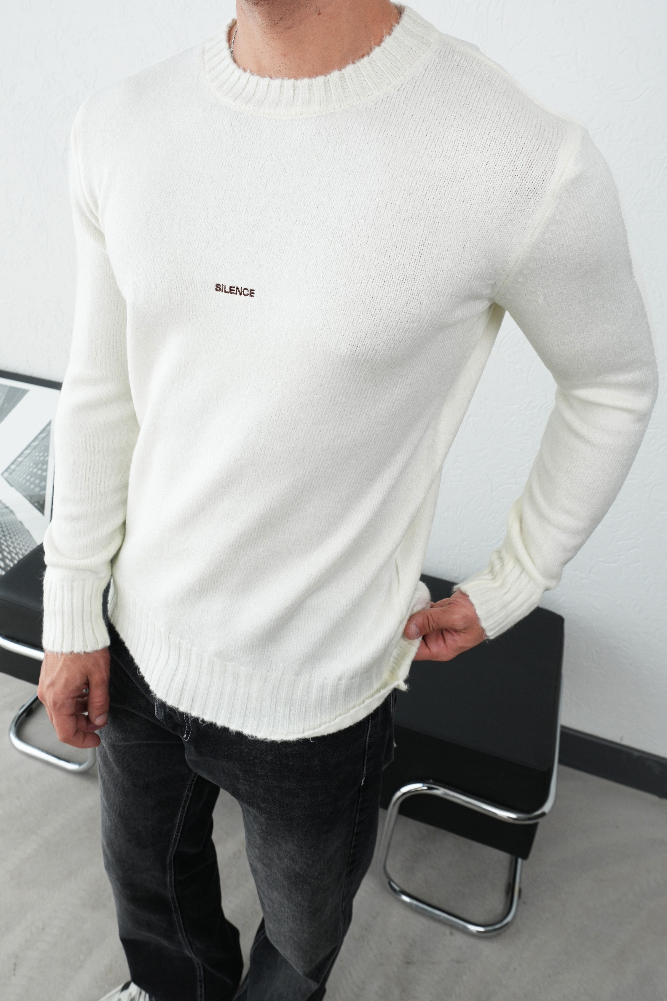 Basic Ribanalı Triko Kazak FW254007 - Ekru