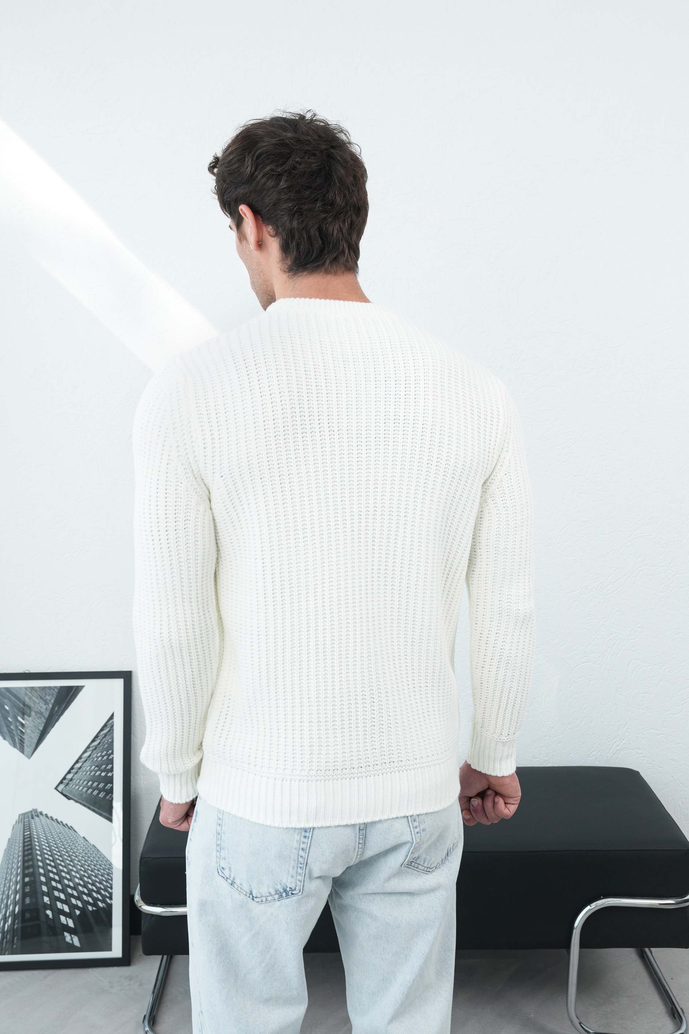 Fitilli Bisiklet Yaka Triko Kazak FW254006 - Beyaz