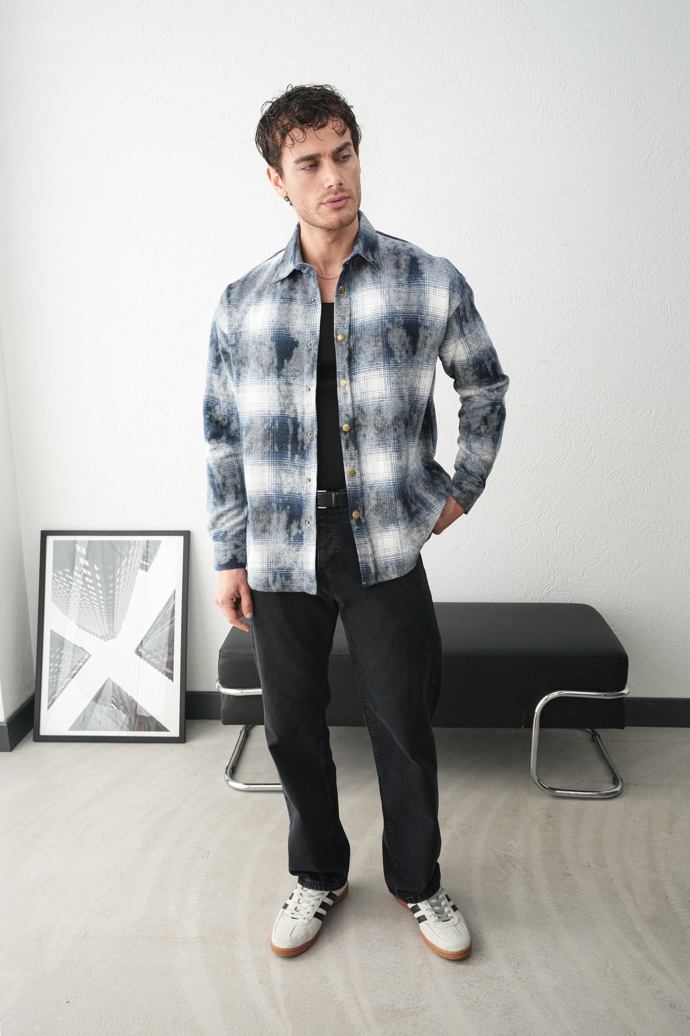Oduncu Gömlek Kareli Desenli Oversize Fit FW255000 - Lacivert