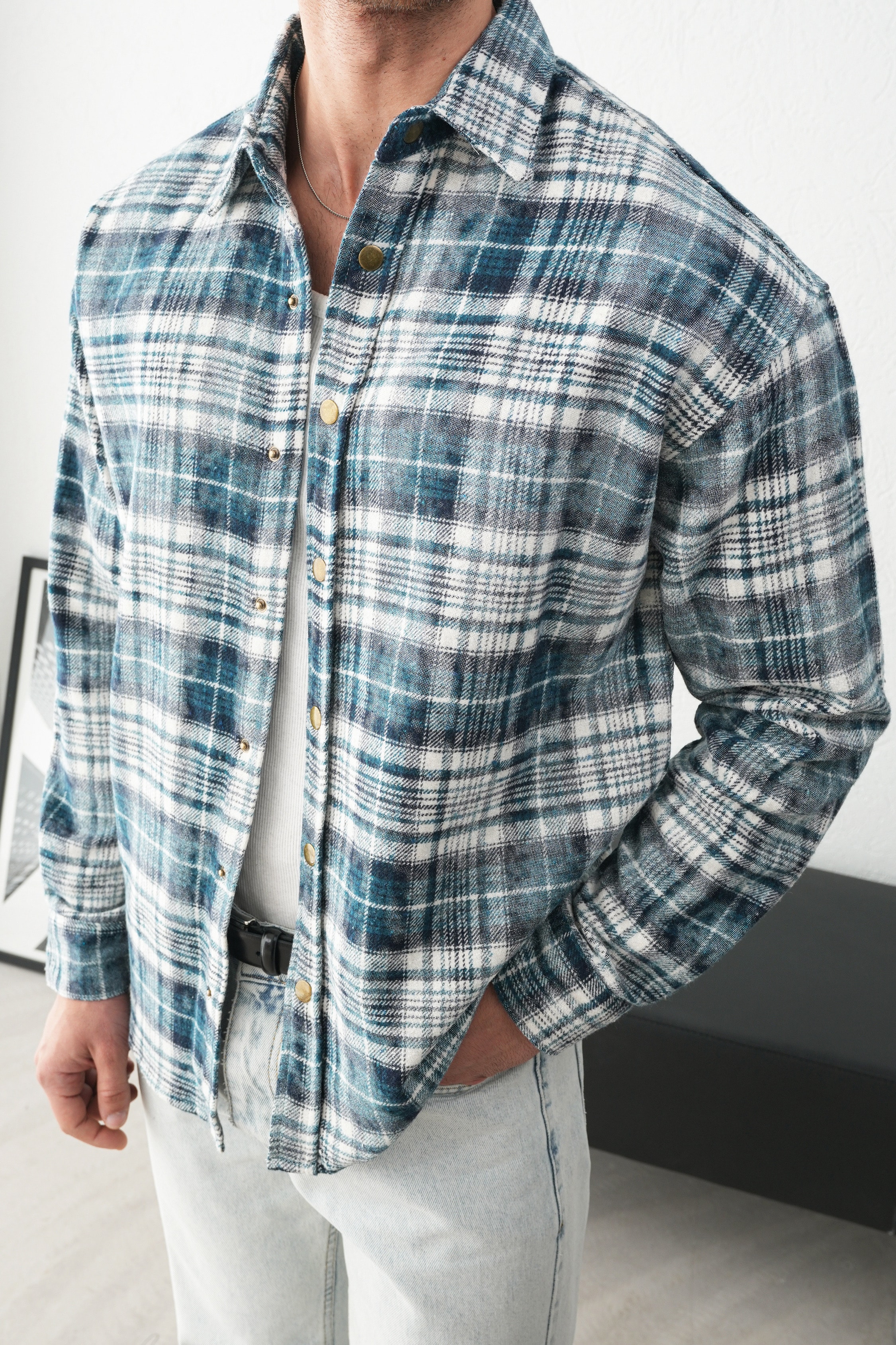 Oduncu Gömlek Kareli Desenli Oversize Fit FW255000 - Turkuaz