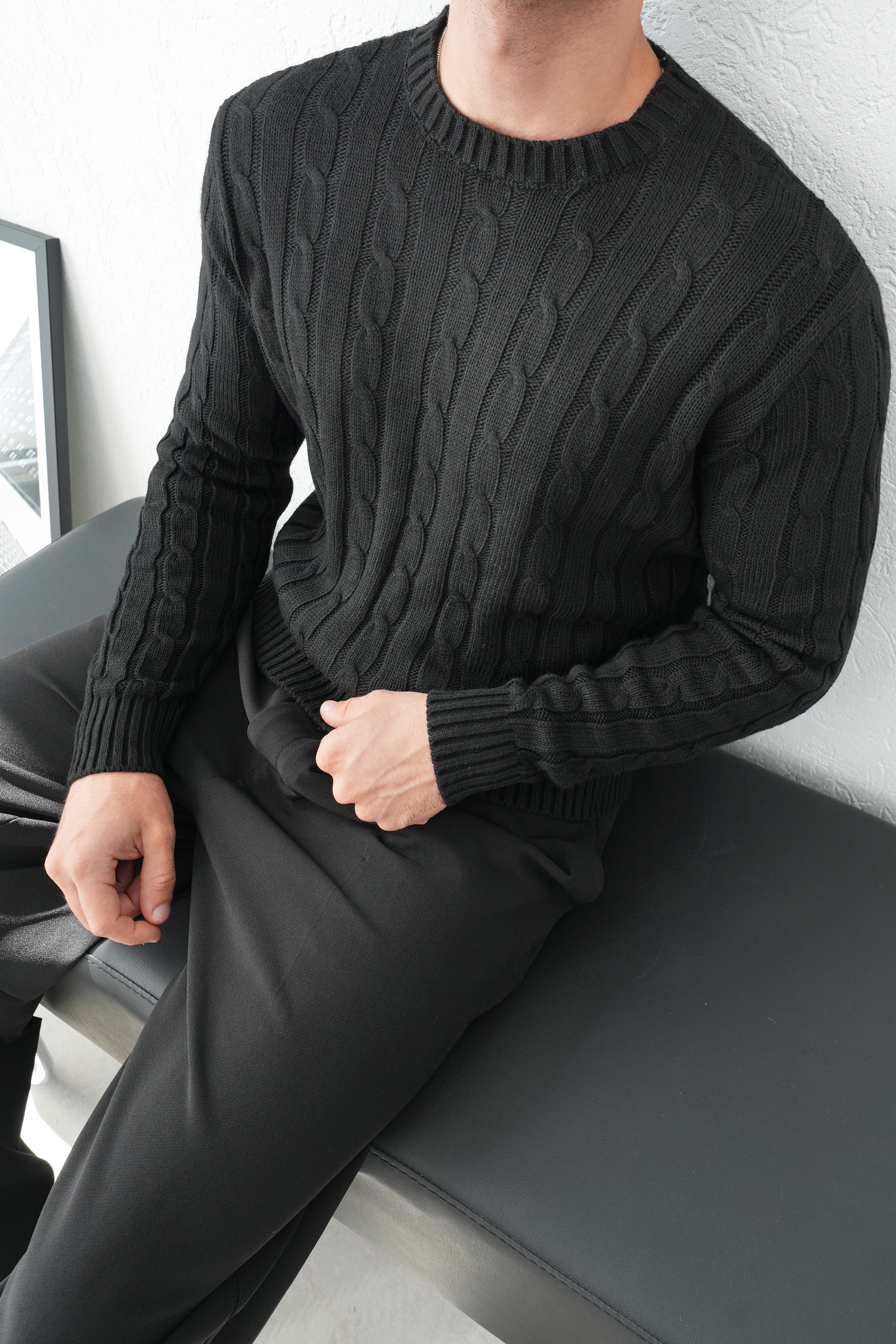 Örgü Desenli Triko Kazak FW254001 - Siyah