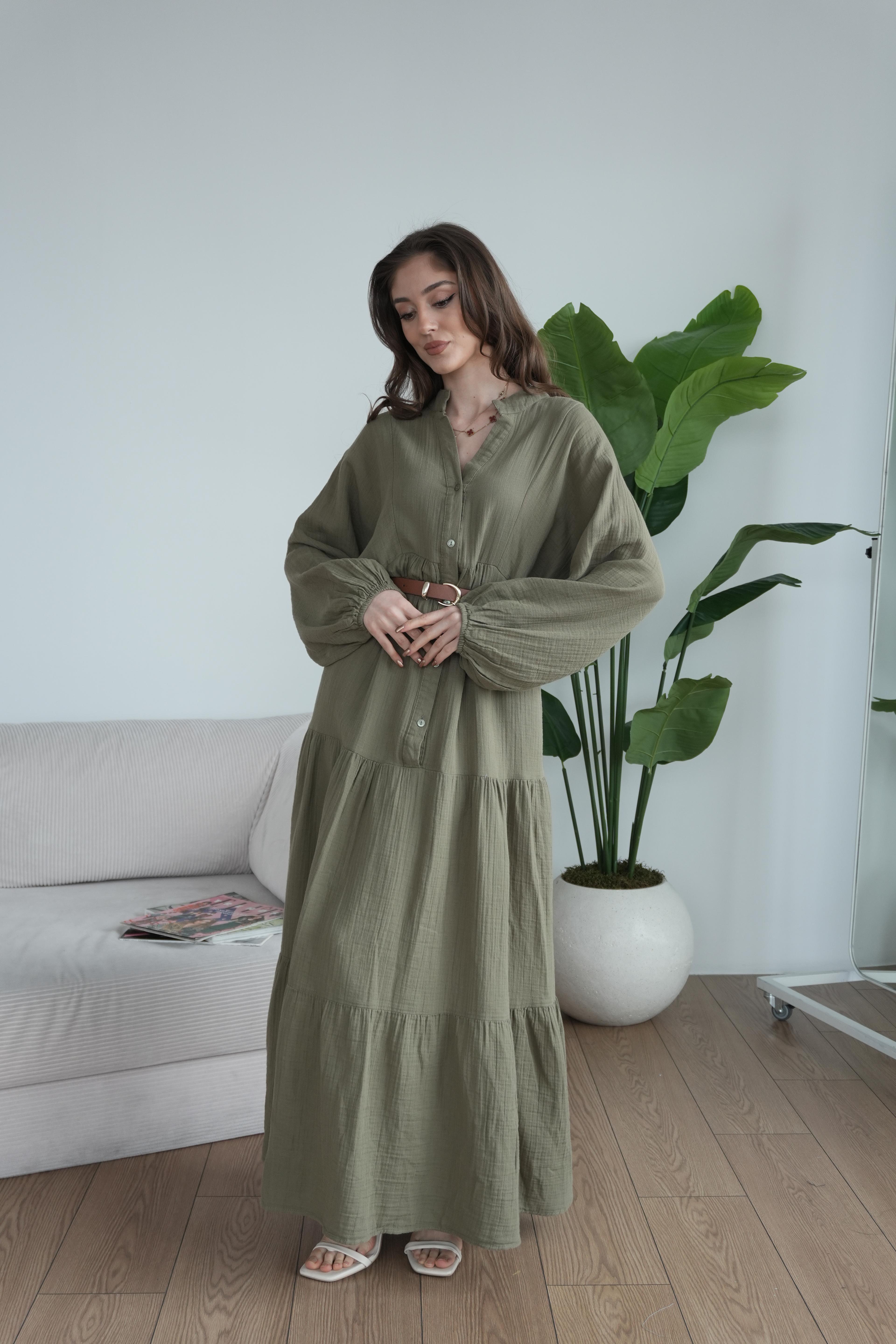 Müslin Oversize Uzun Elbise - Yeşil