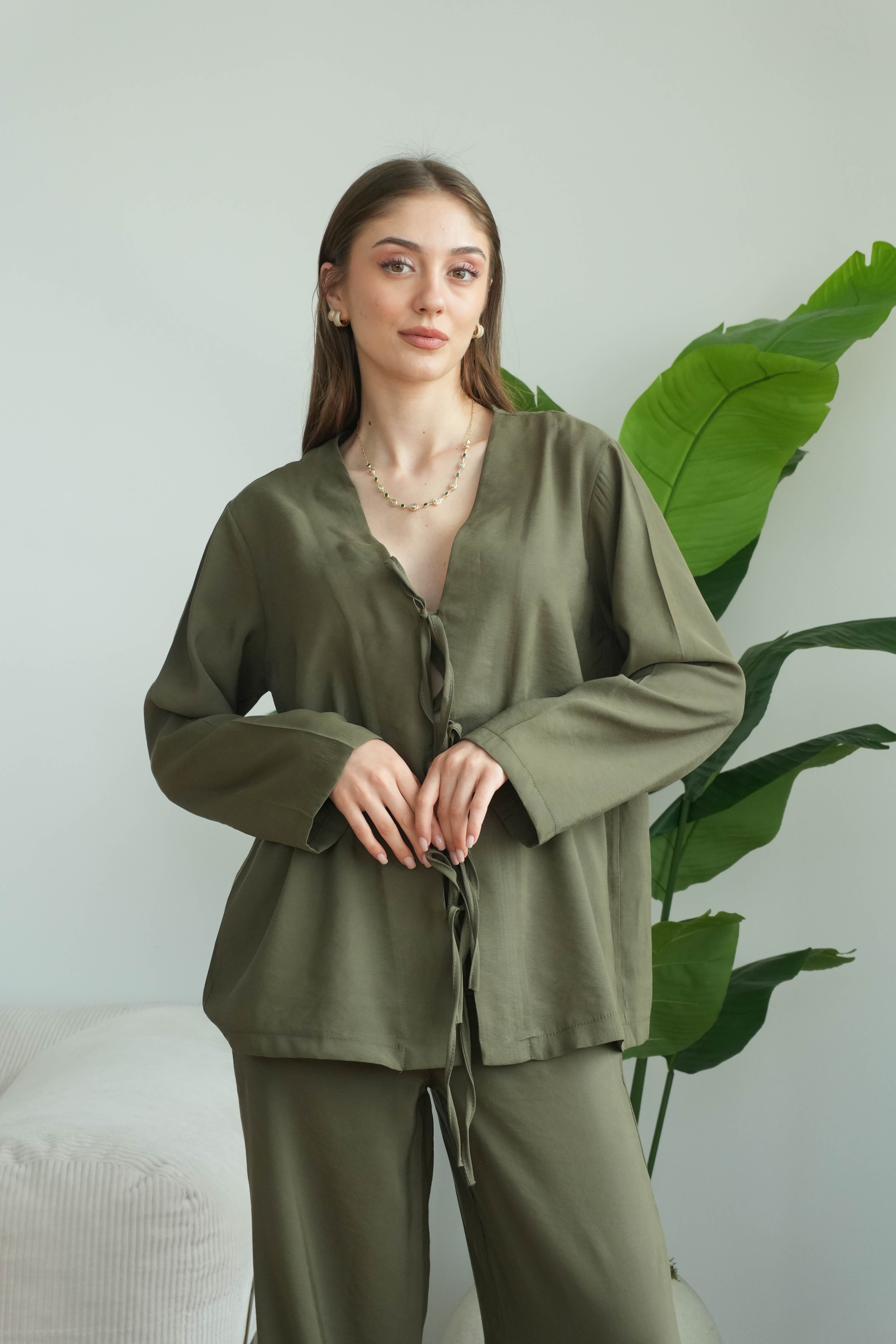 Lady Önü Bağcıklı Kimonolu Tensel Takım - Haki