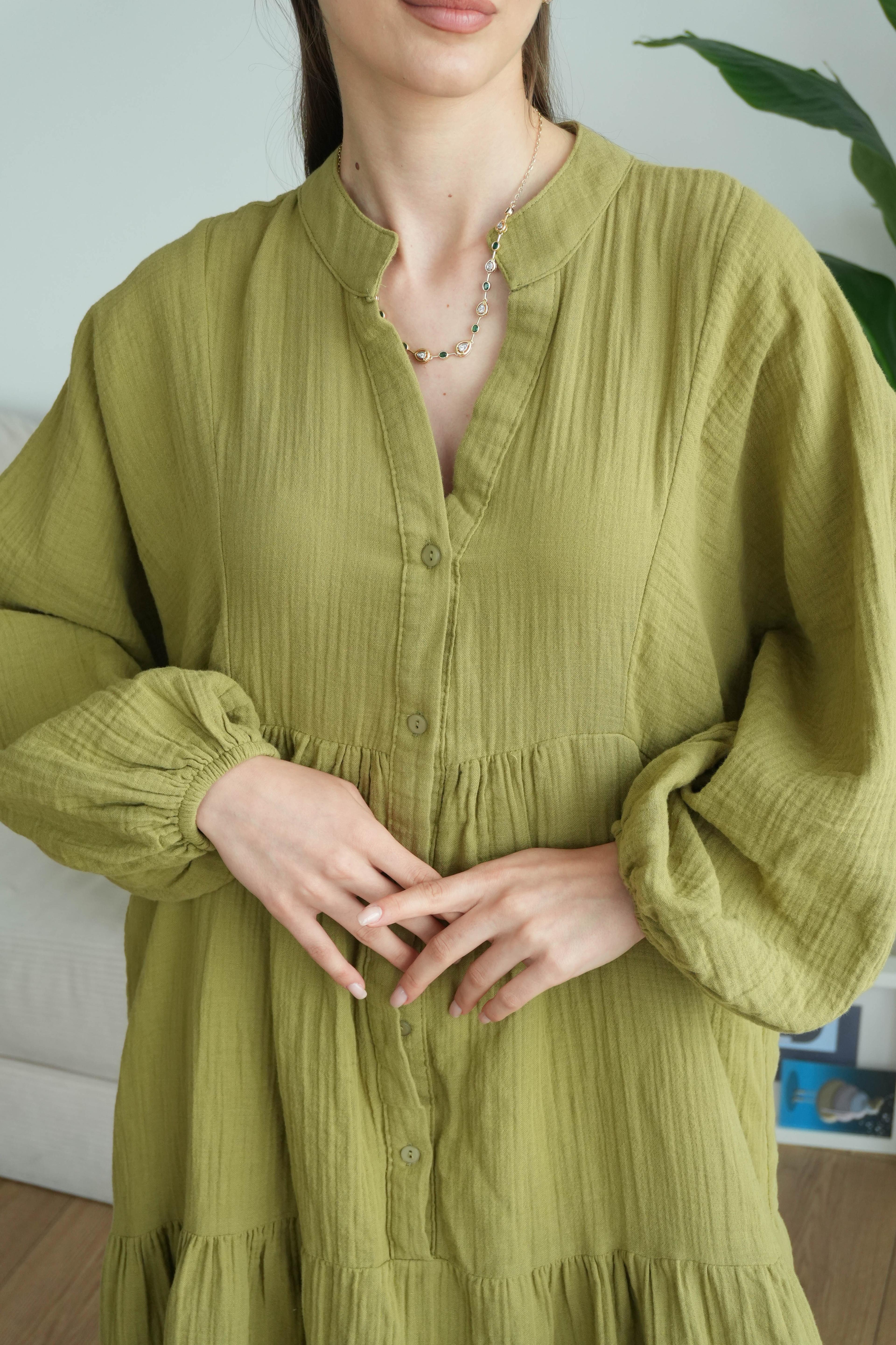 Müslin Oversize Uzun Elbise - Yağ Yeşili