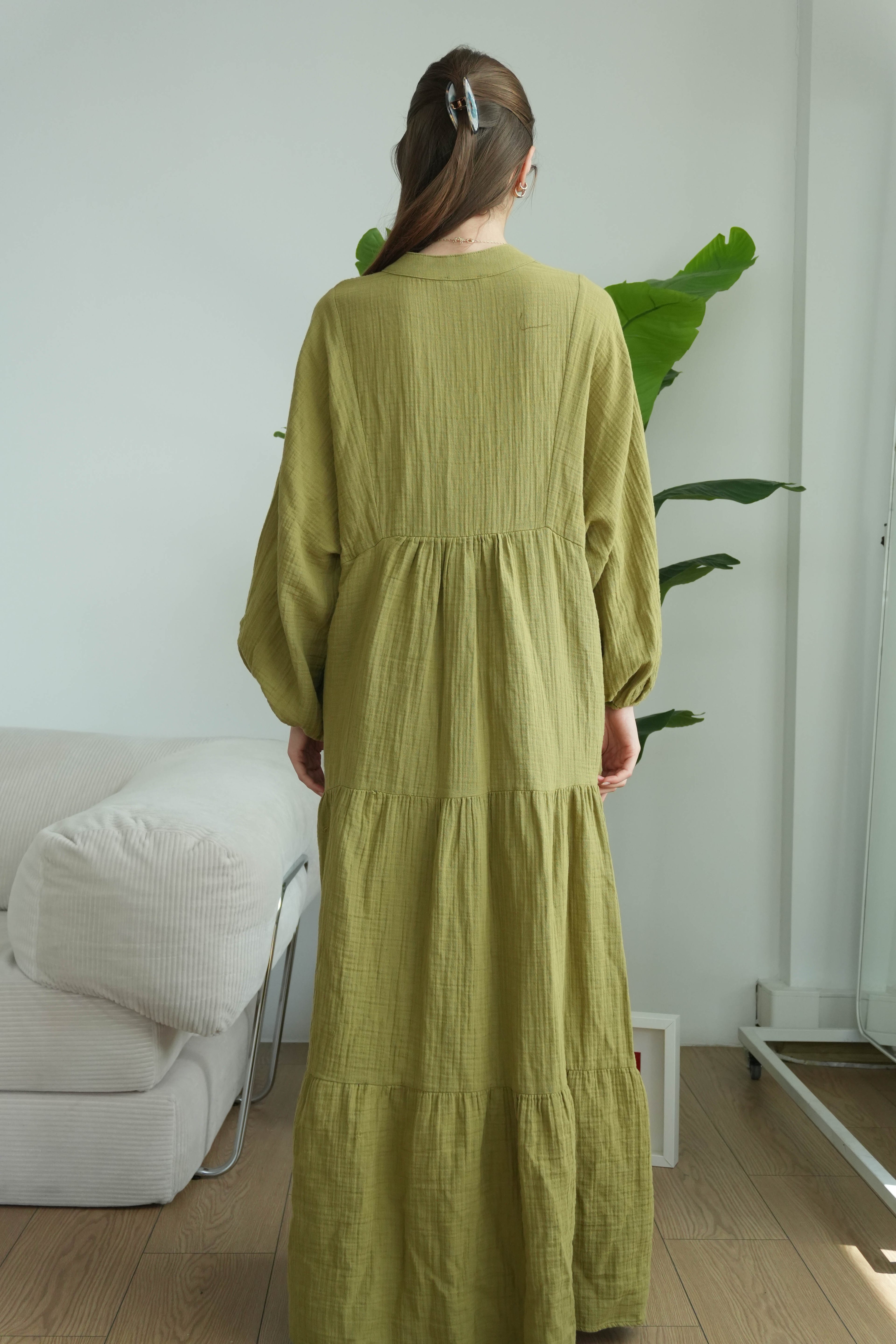Müslin Oversize Uzun Elbise - Yağ Yeşili