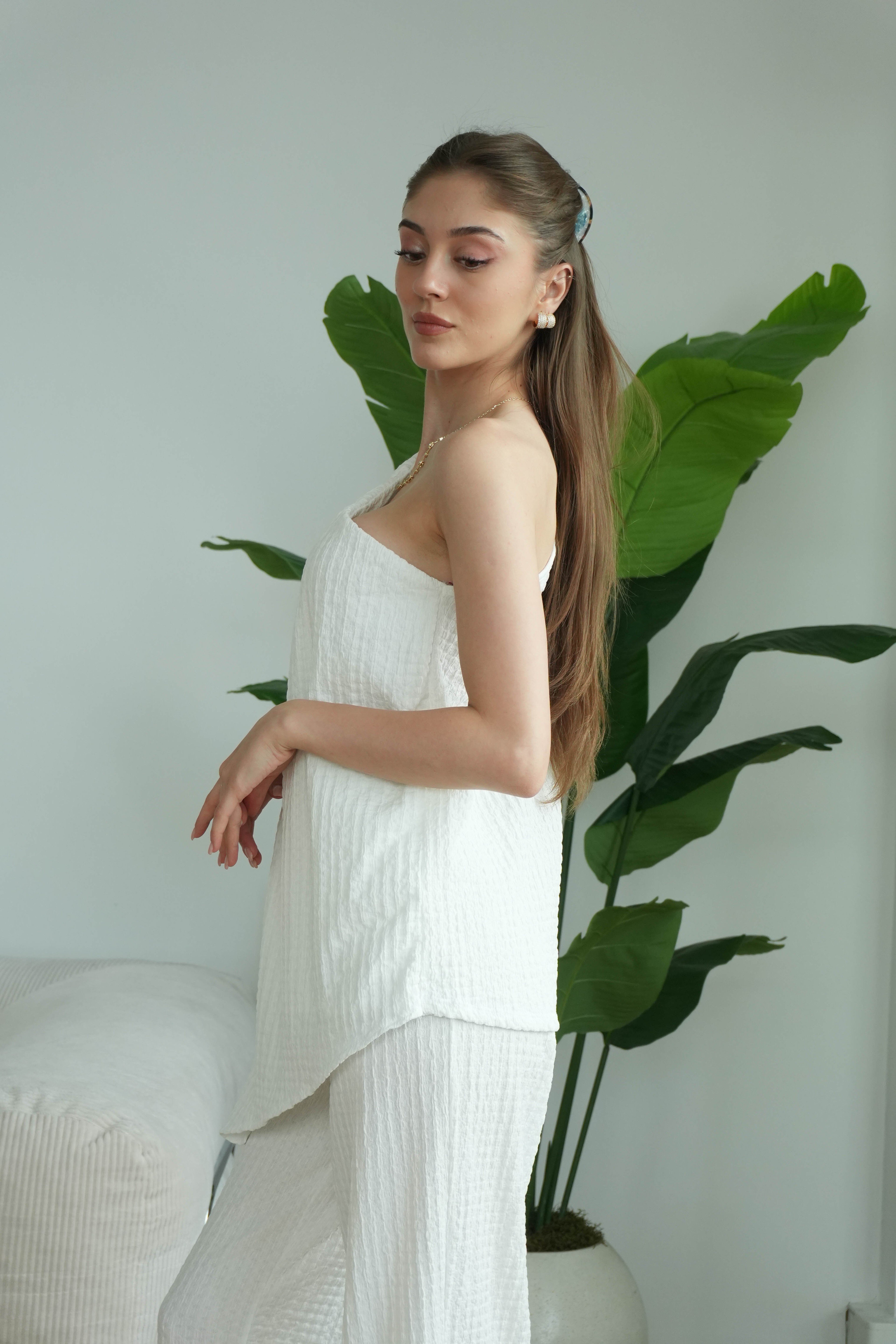 Shira Tek Omuz Detaylı Gofre Takım - Beyaz