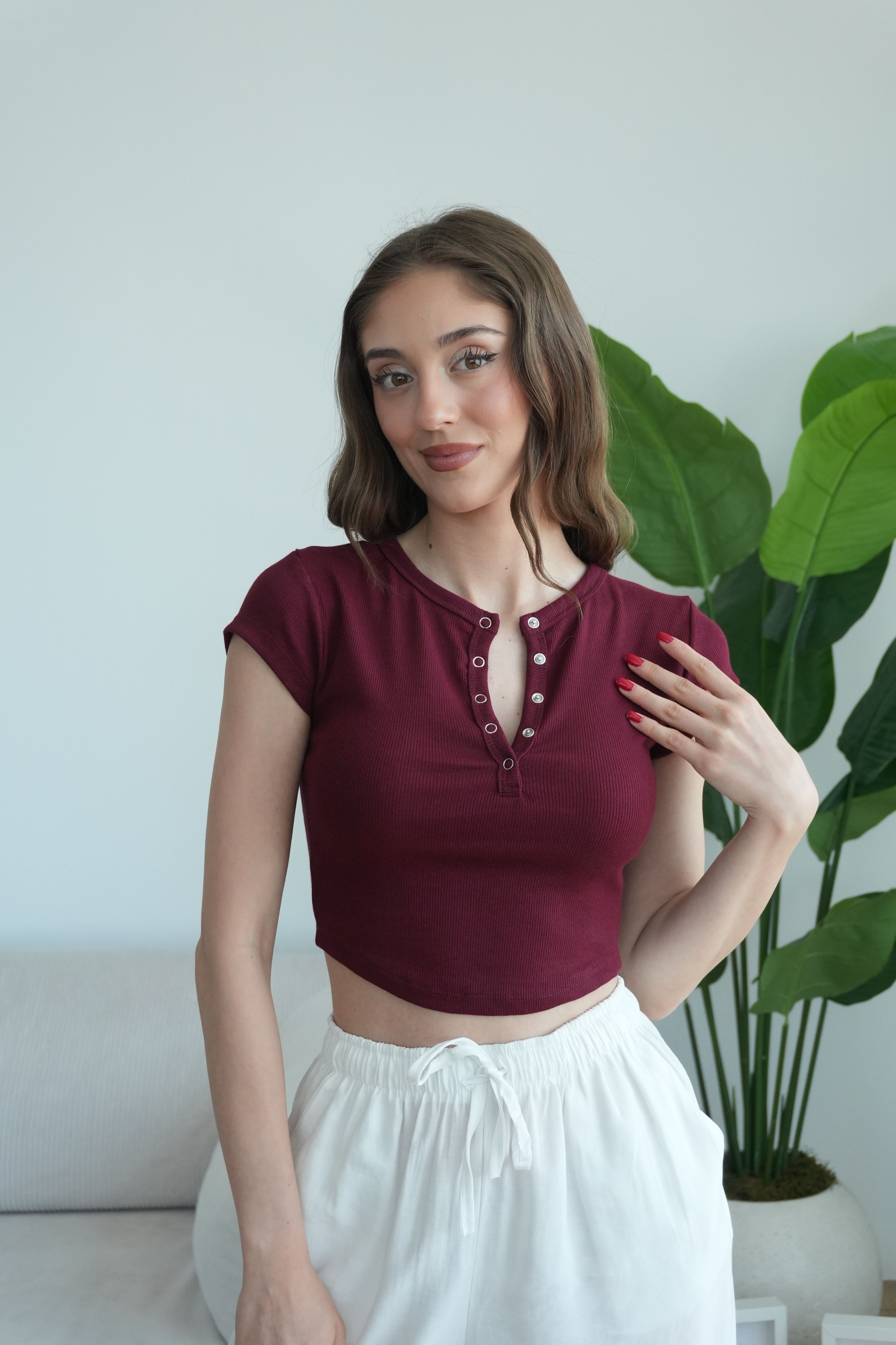 Merly Çıtçıtlı Fitilli Bluz - Bordo
