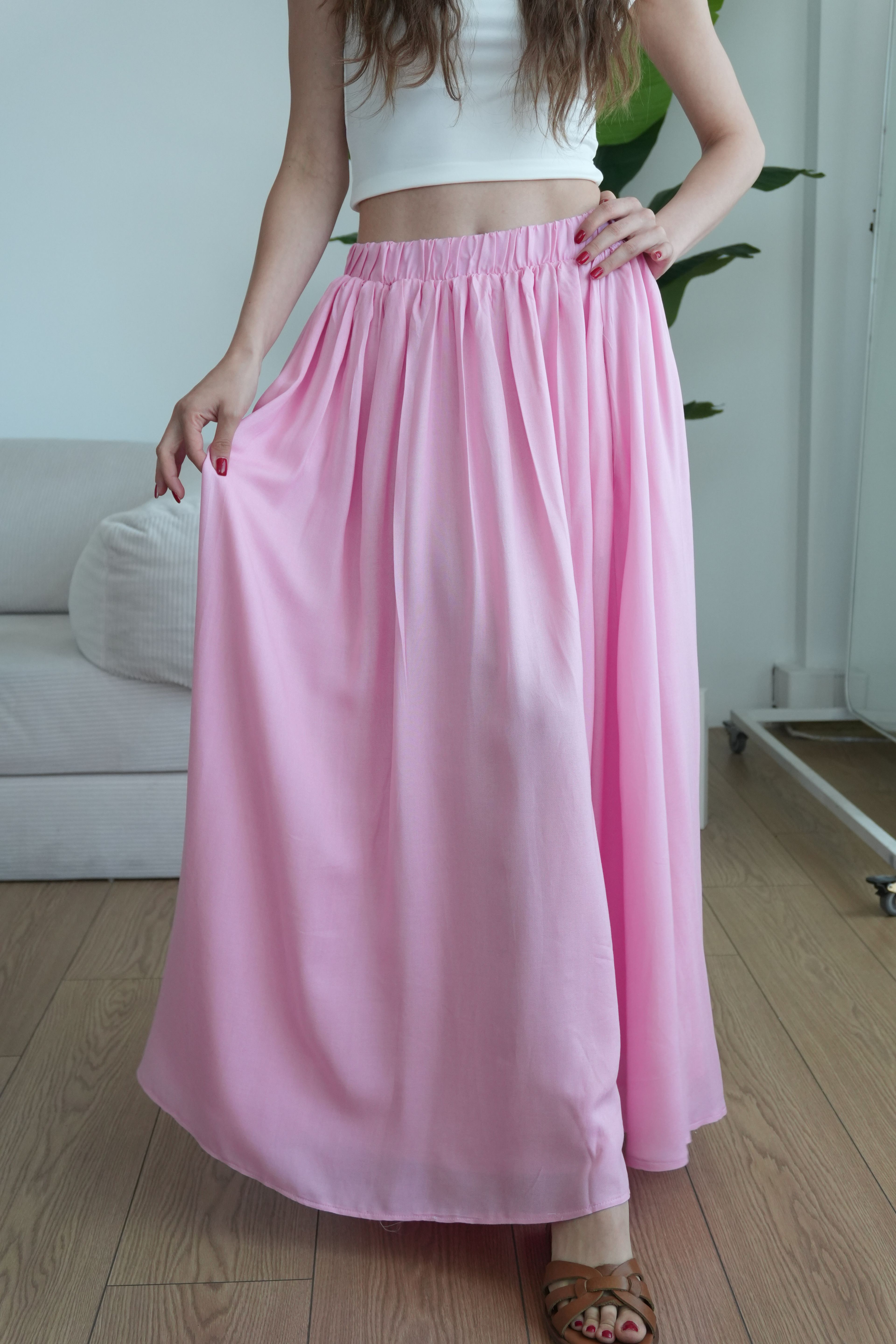 Rose Astarlı Dökümlü Pileli Etek - Pudra Pembe