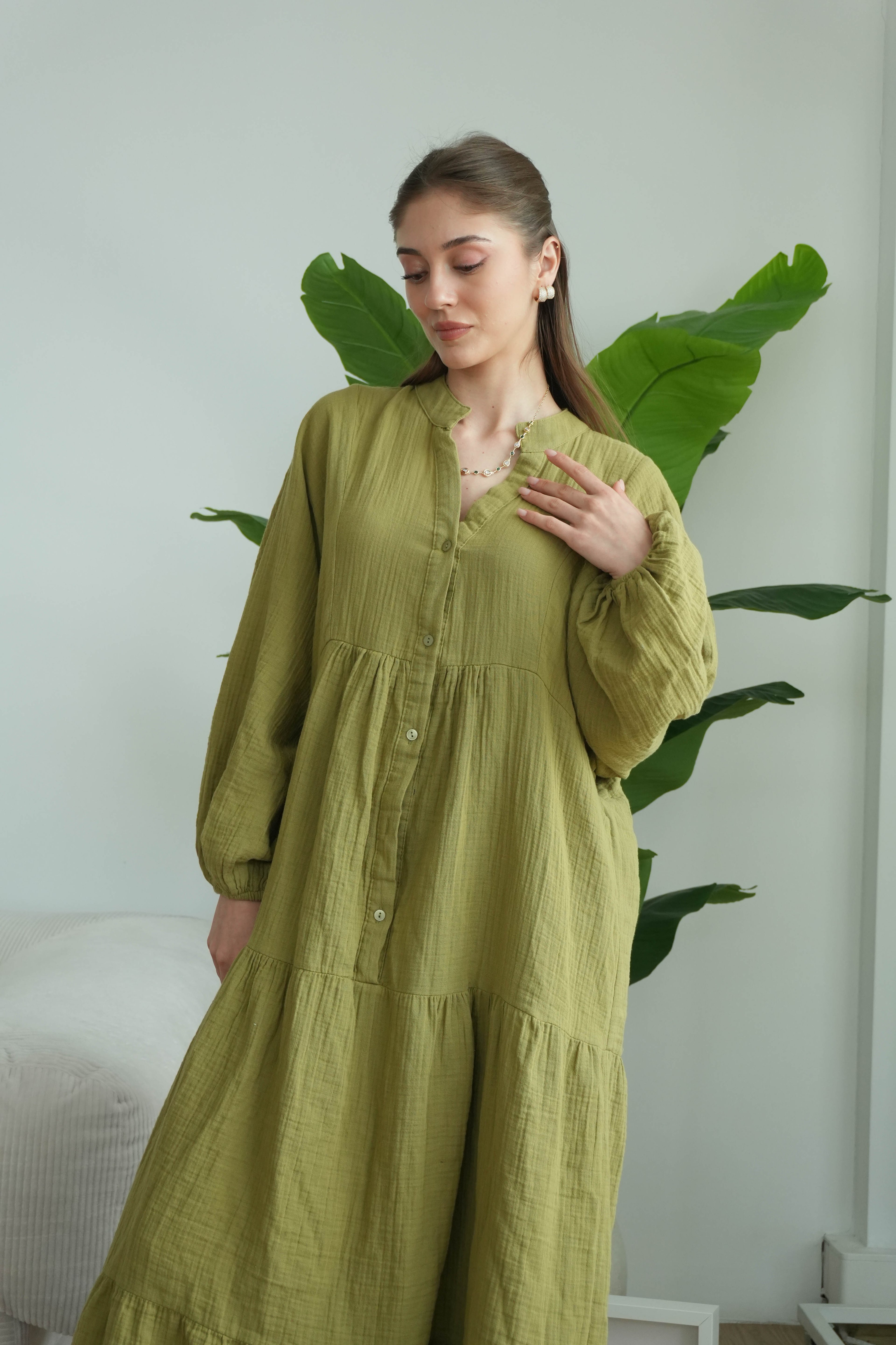 Müslin Oversize Uzun Elbise - Yağ Yeşili