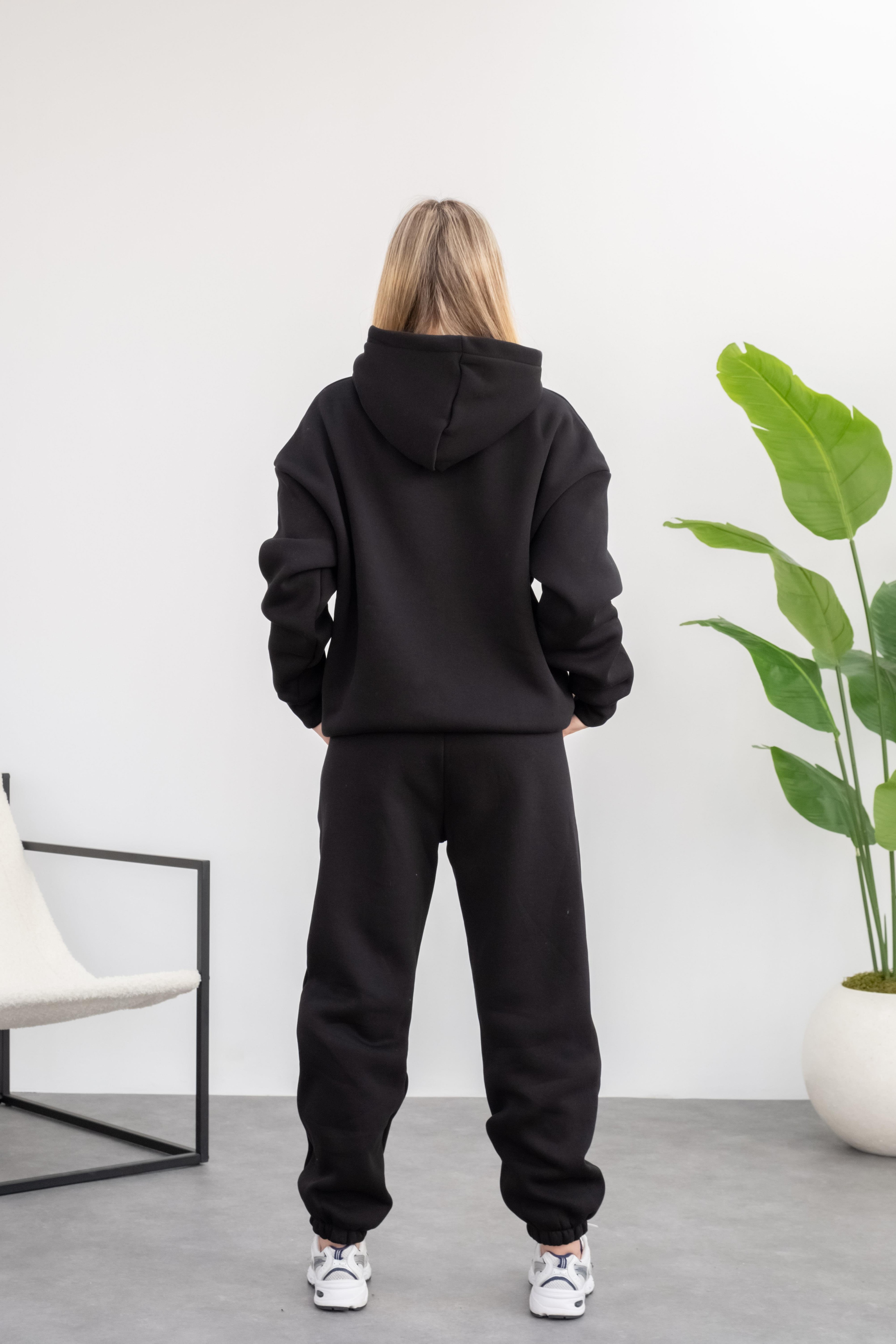 Oversize Unisex Hoodie Eşofman Takımı 3 İplik Şardonlu - Siyah