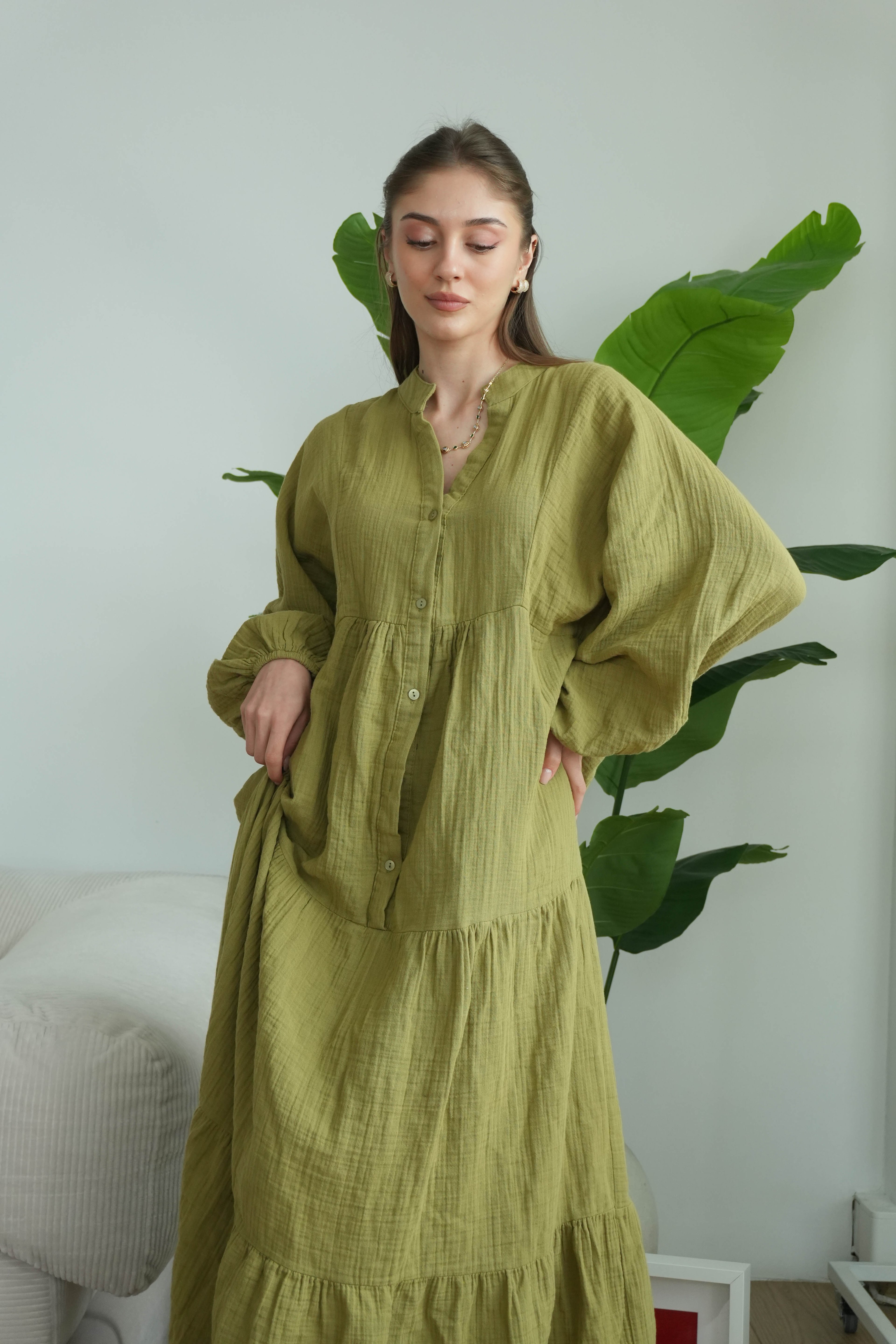 Müslin Oversize Uzun Elbise - Yağ Yeşili