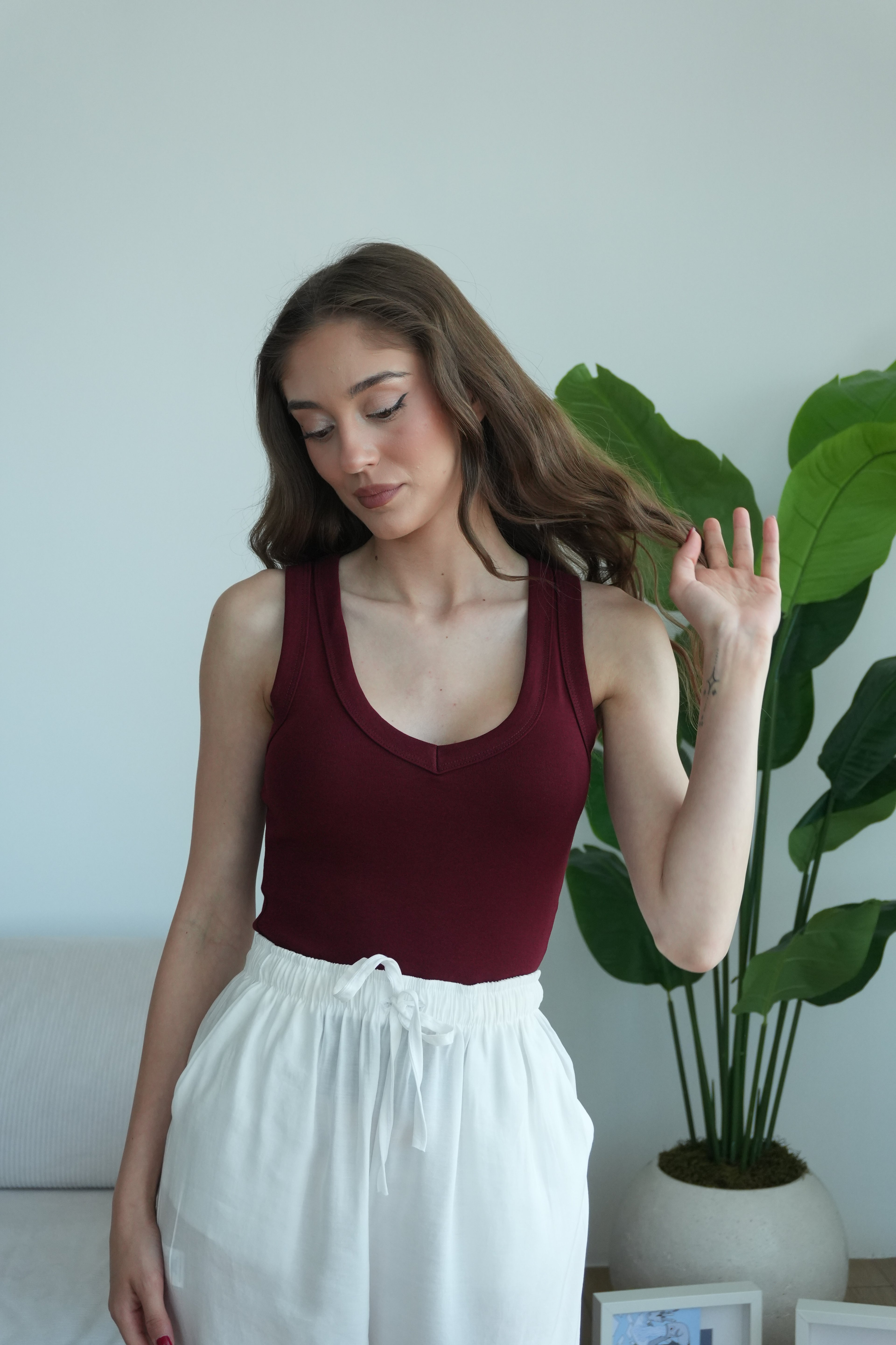 Vinya Derin V Yakalı Bluz - Bordo