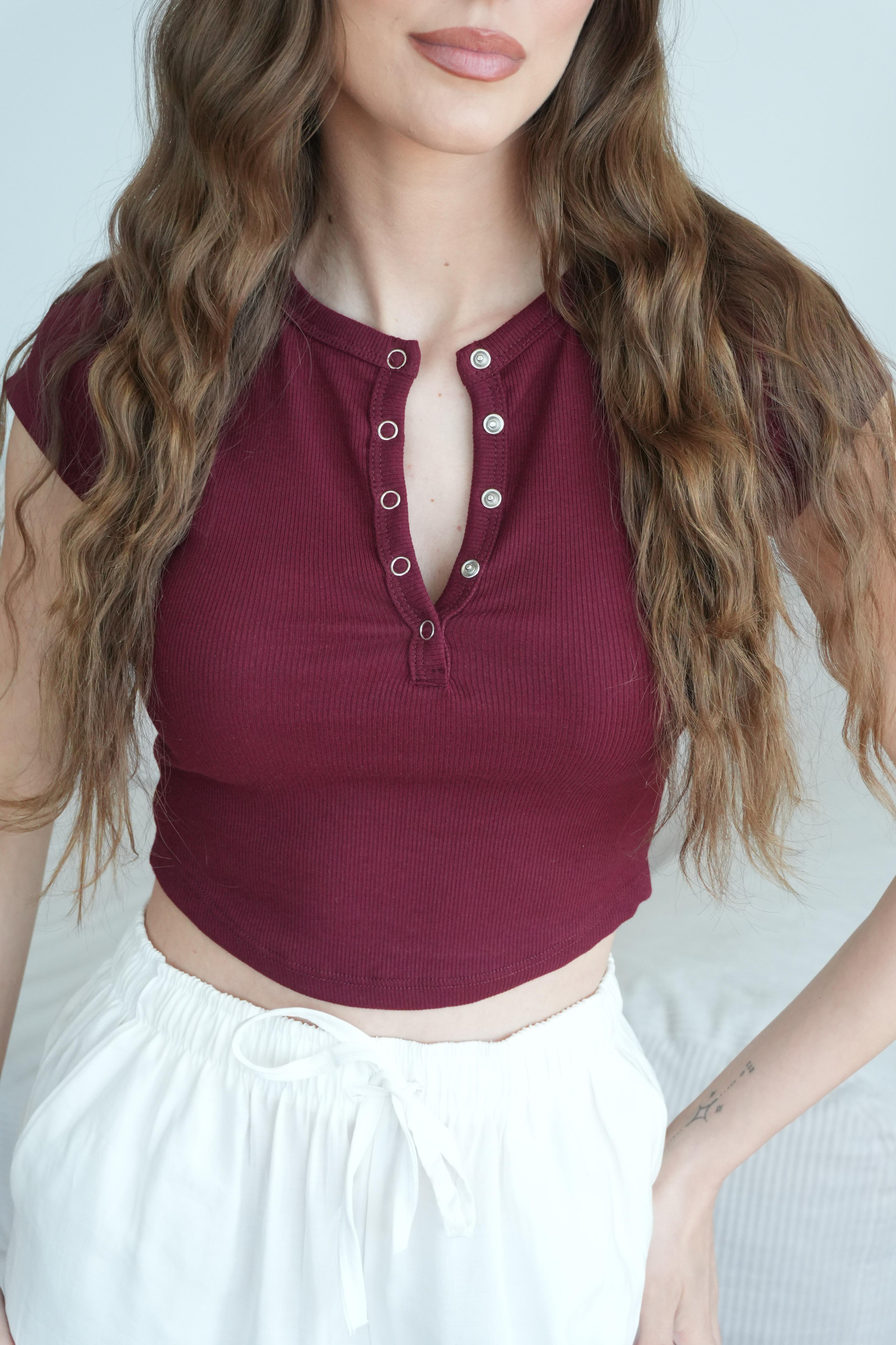 Merly Çıtçıtlı Fitilli Bluz - Bordo