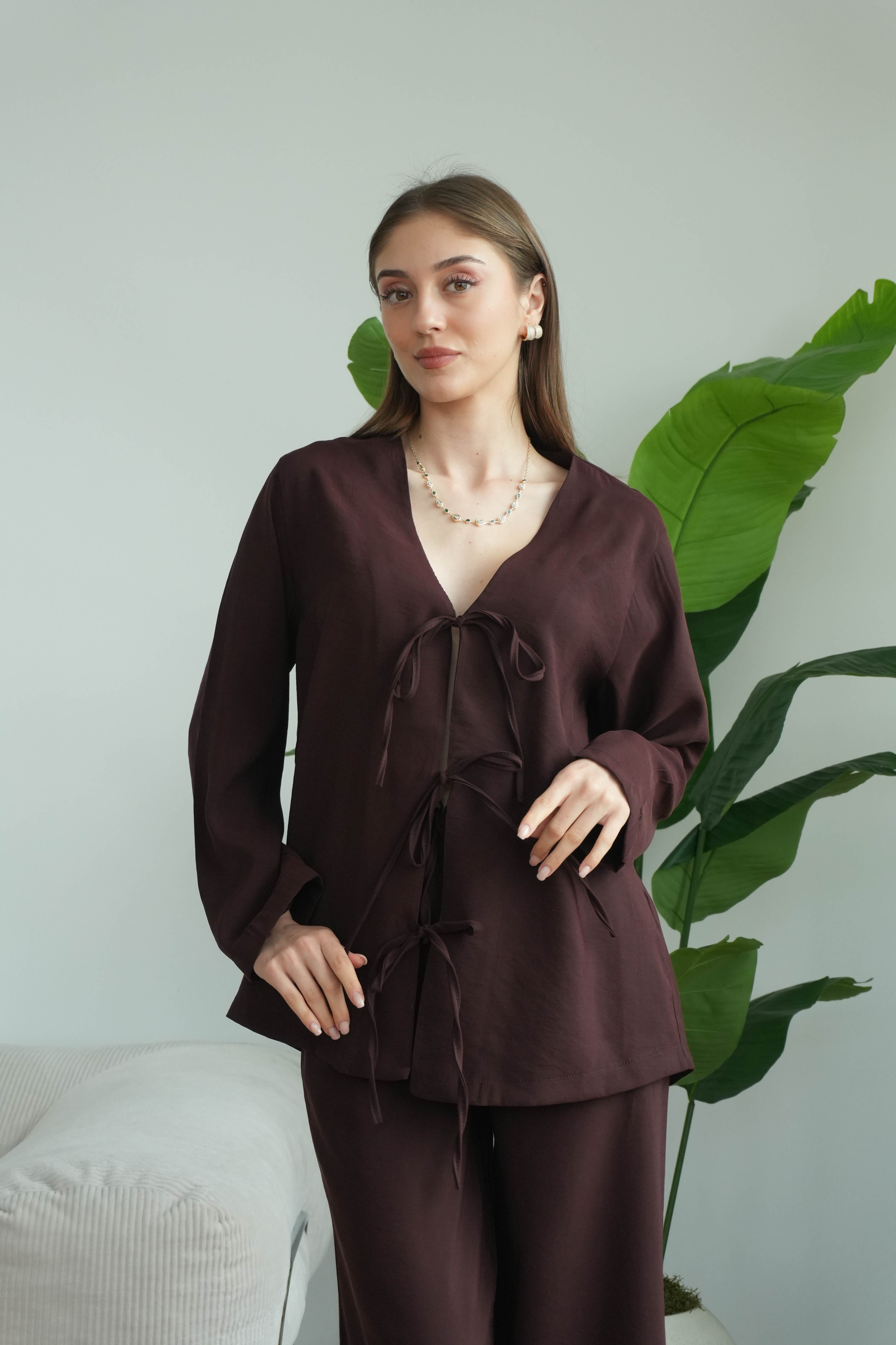 Lady Önü Bağcıklı Kimonolu Tensel Takım - Kahverengi