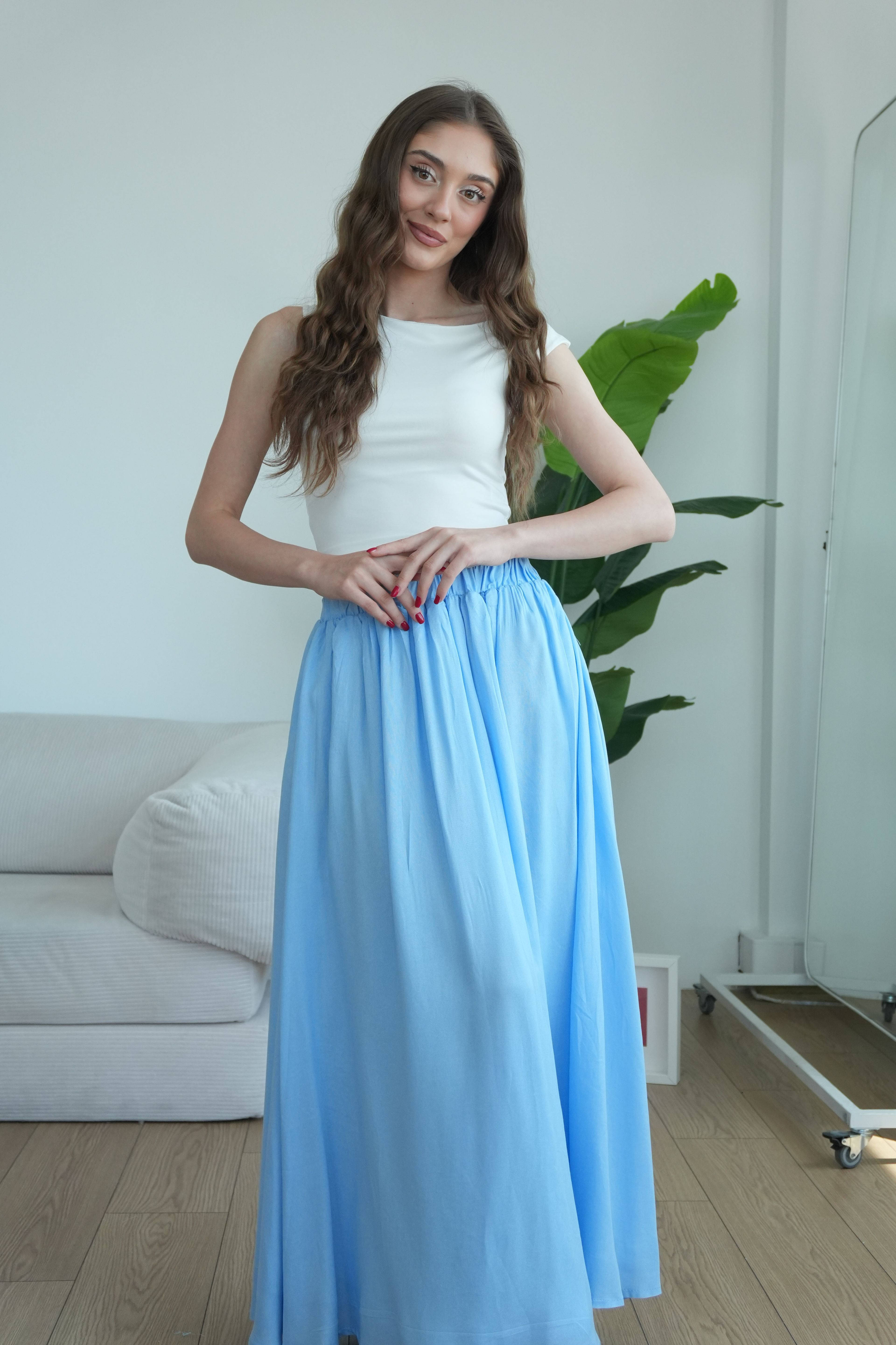 Rose Astarlı Dökümlü Pileli Etek - Bebek Mavi